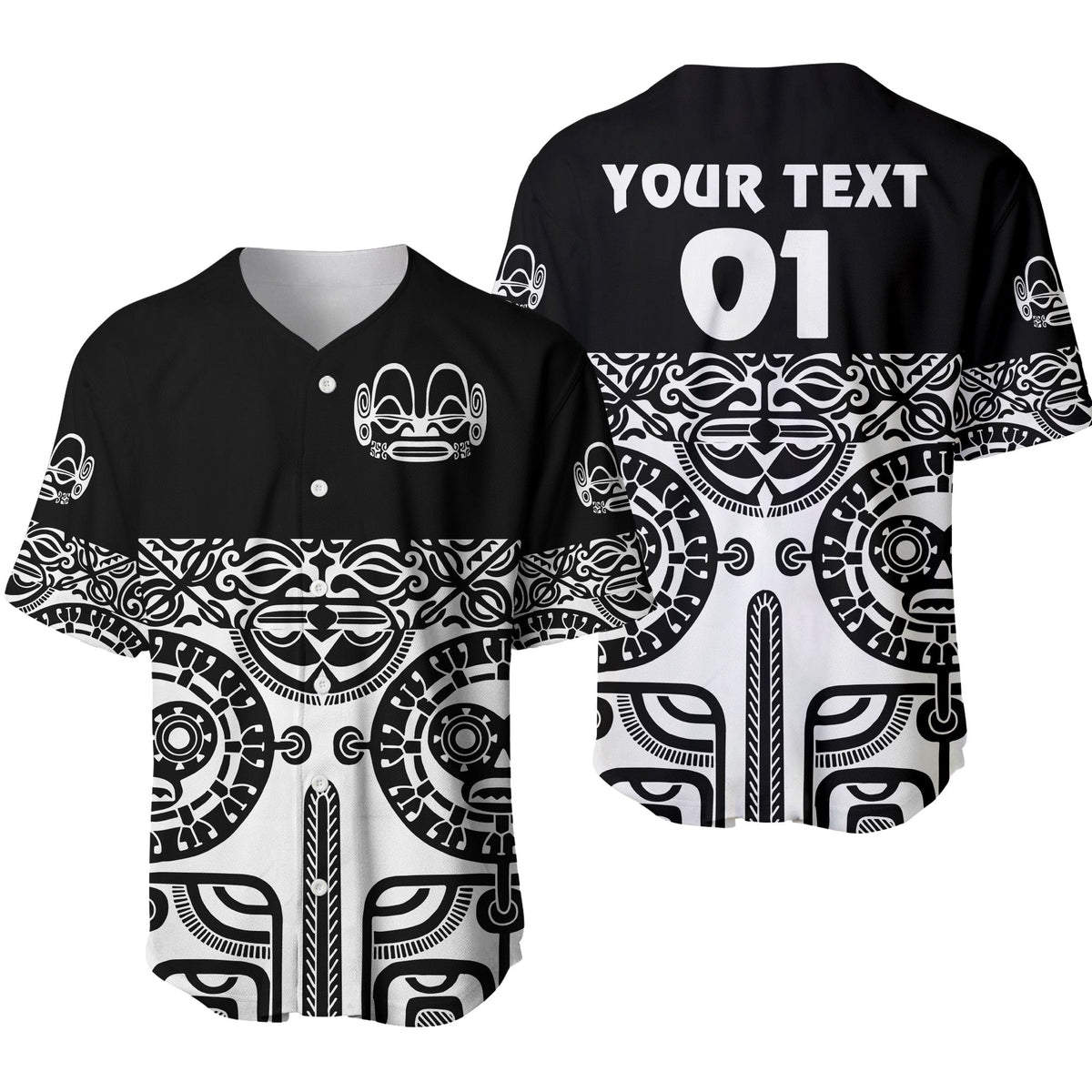 Black baseball jersey with bold white Marquesan tattoo pattern and 'YOUR TEXT 01'