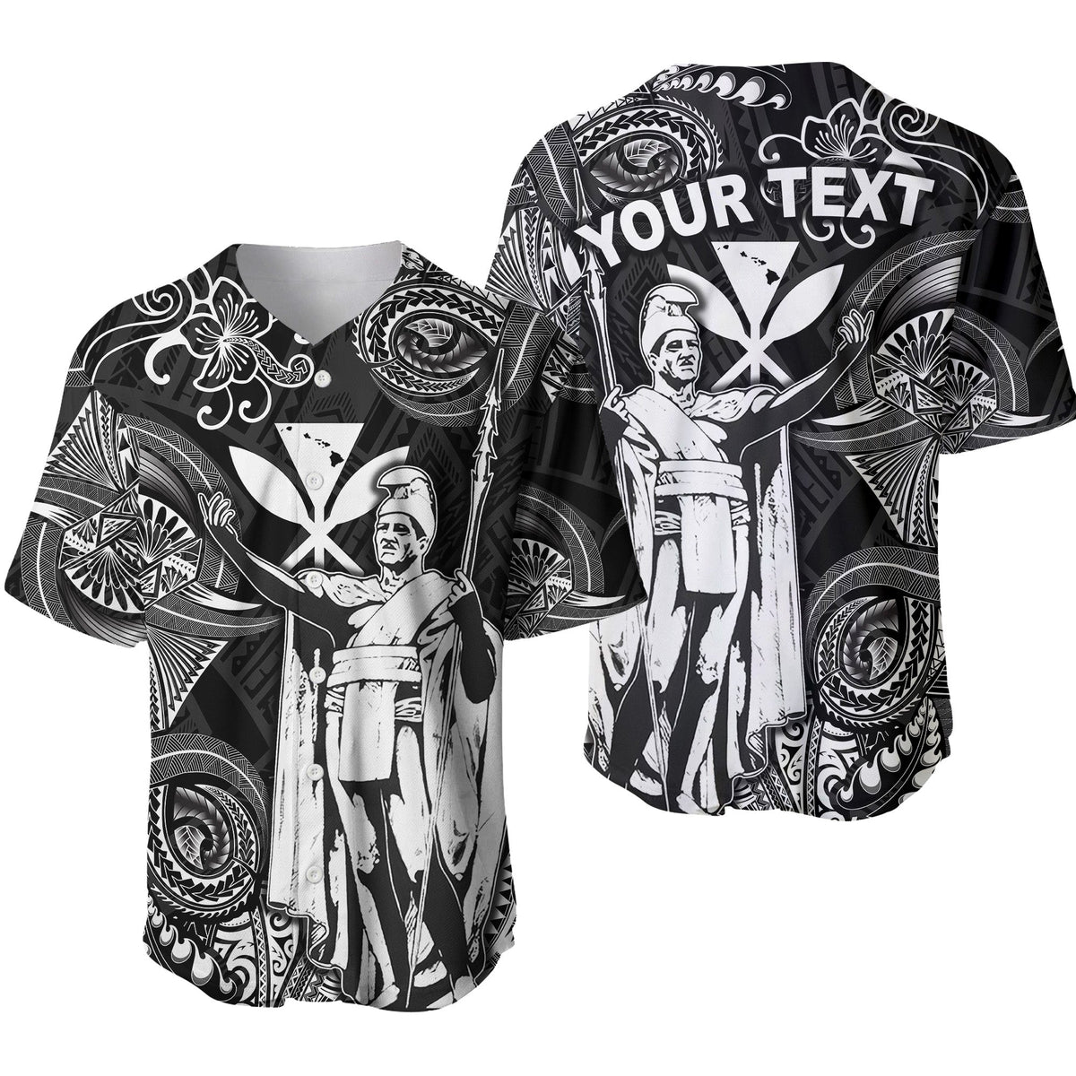 Black Polynesian baseball jersey with white Kamehameha map-style graphic and floral patterns