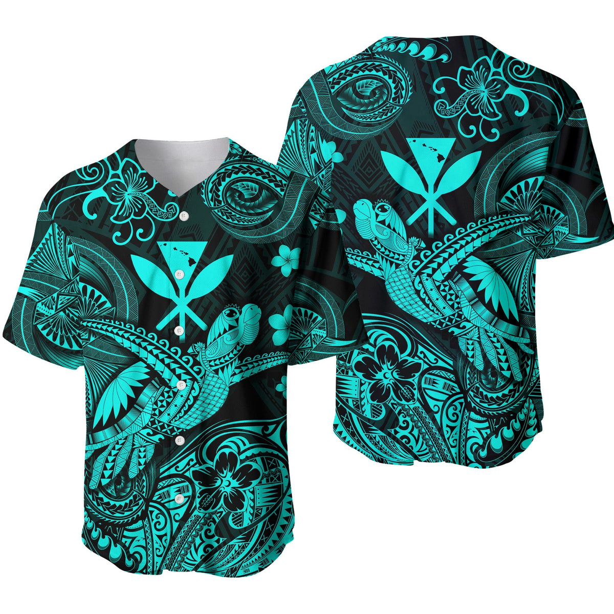 Turquoise and black Polynesian turtle baseball jersey, button-front short sleeves
