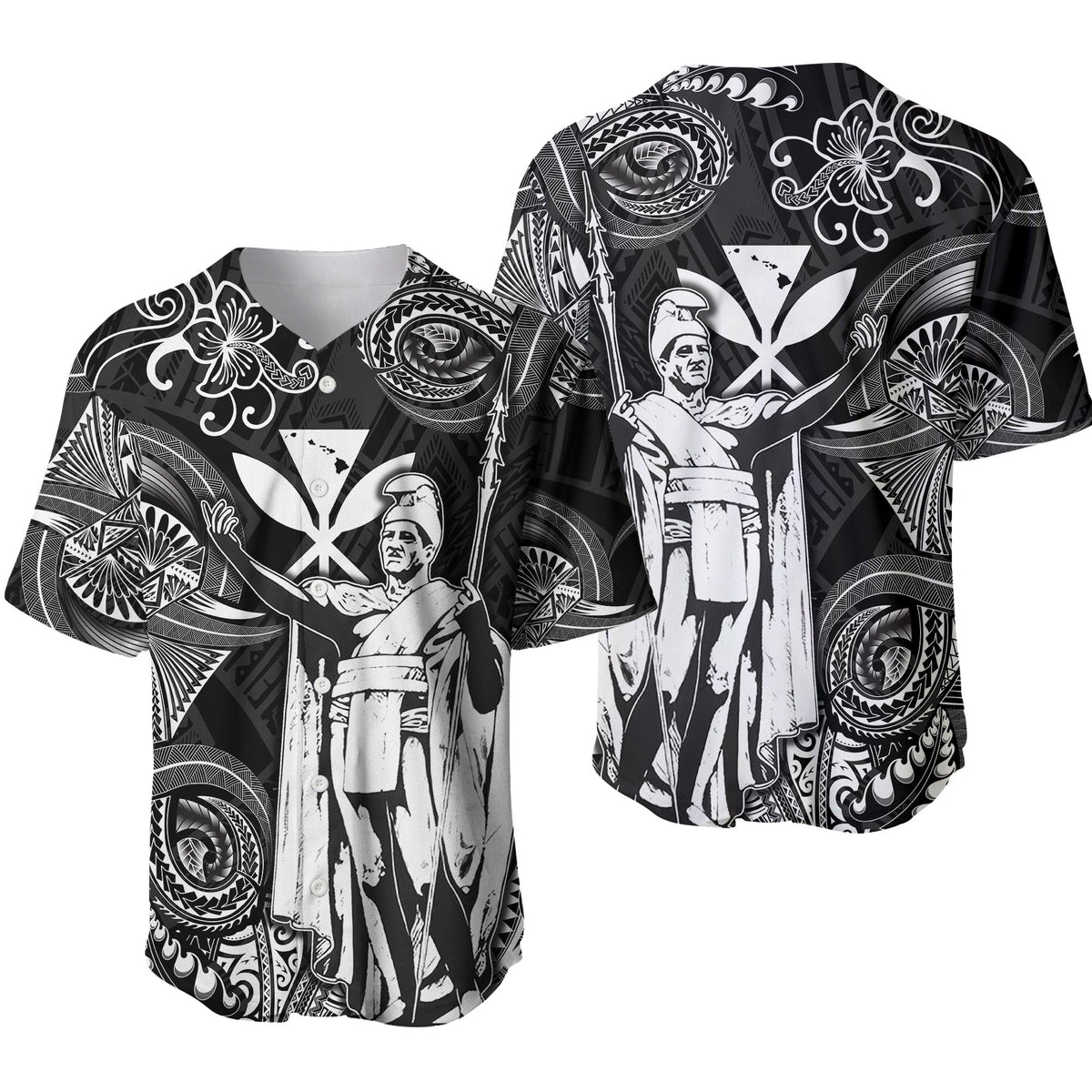 Black baseball jersey with white Polynesian king print, short sleeves and button placket