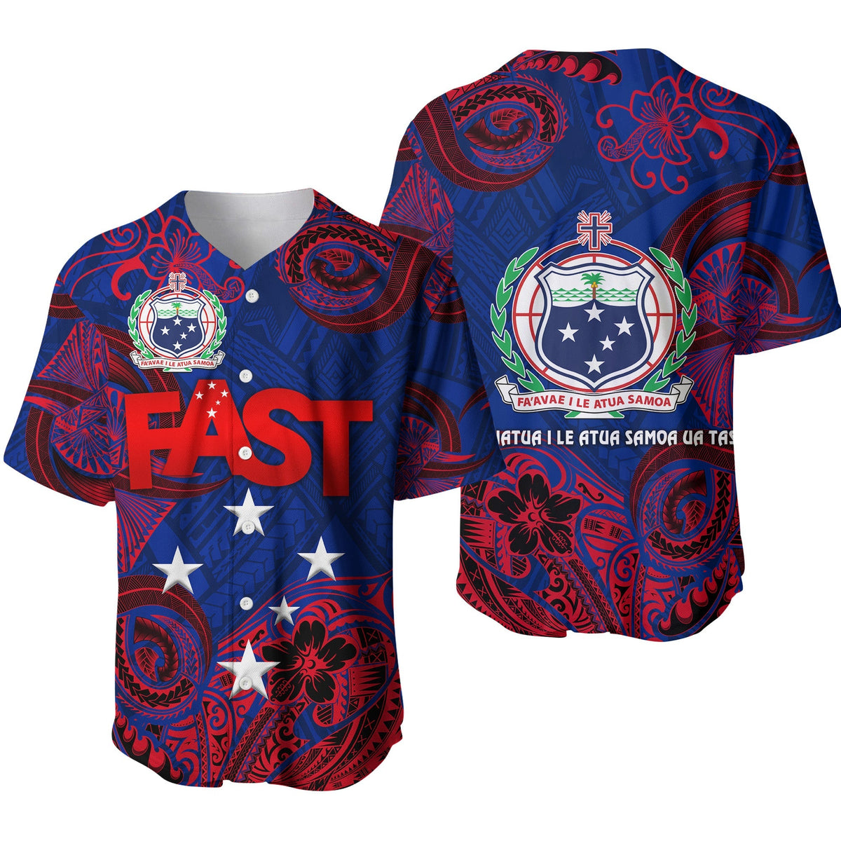 Blue Samoa baseball jersey with FAST lettering and crest graphic, red patterned trim
