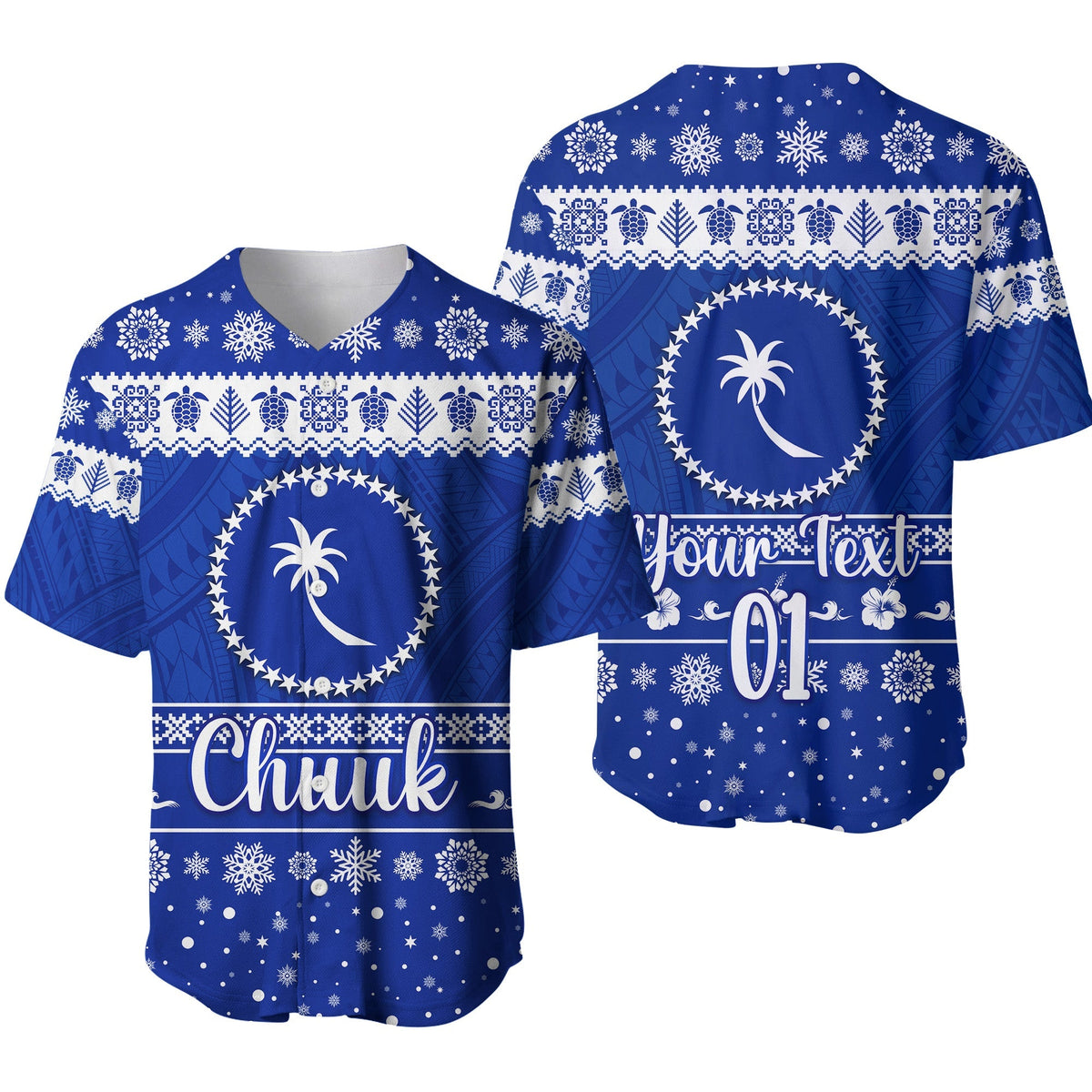 Blue baseball jersey with snowflake pattern, circular FSM Chuuk logo, custom text area.