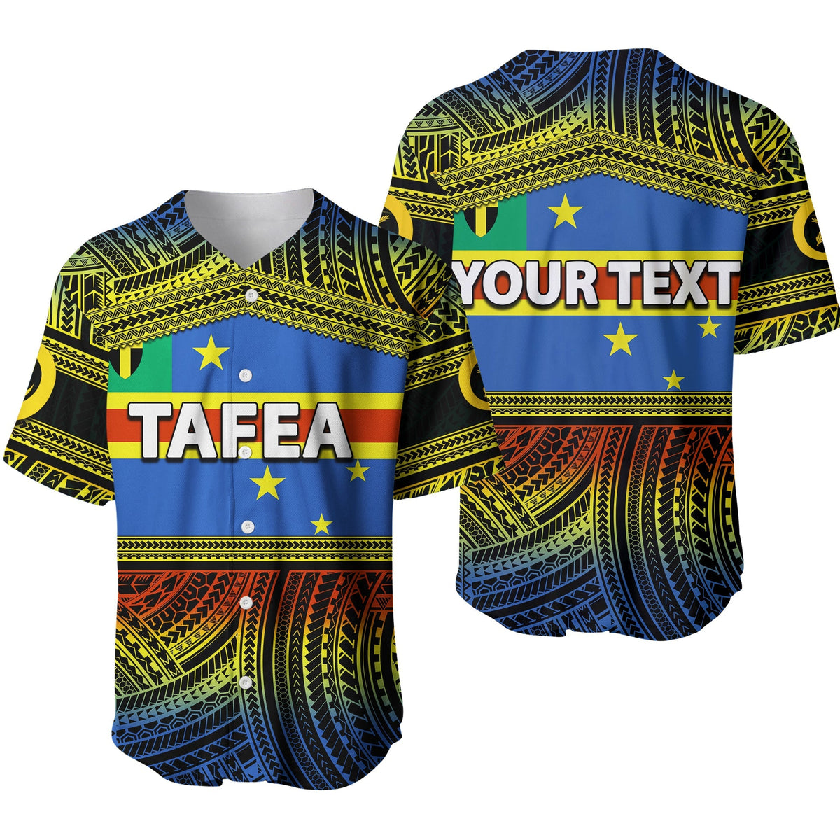 Baseball-Jersey mit Vanuatu Polynesischen Mustern, blauem Mittelteil und „TAFEA“ Schriftzug vorne