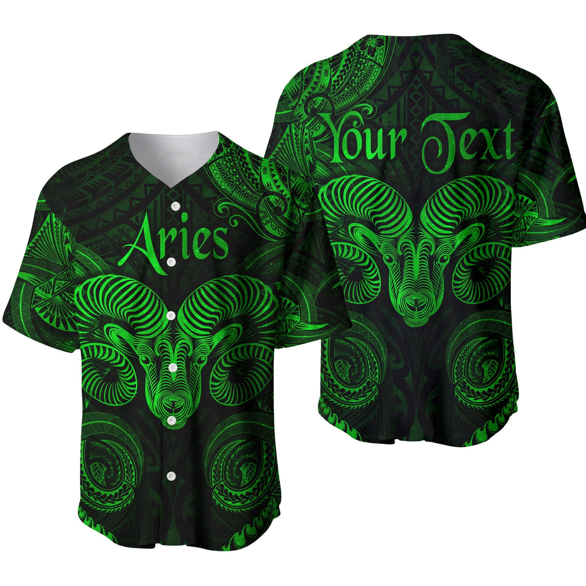 Green Aries baseball jersey: dark shirt with green ram graphics, button front, short sleeves