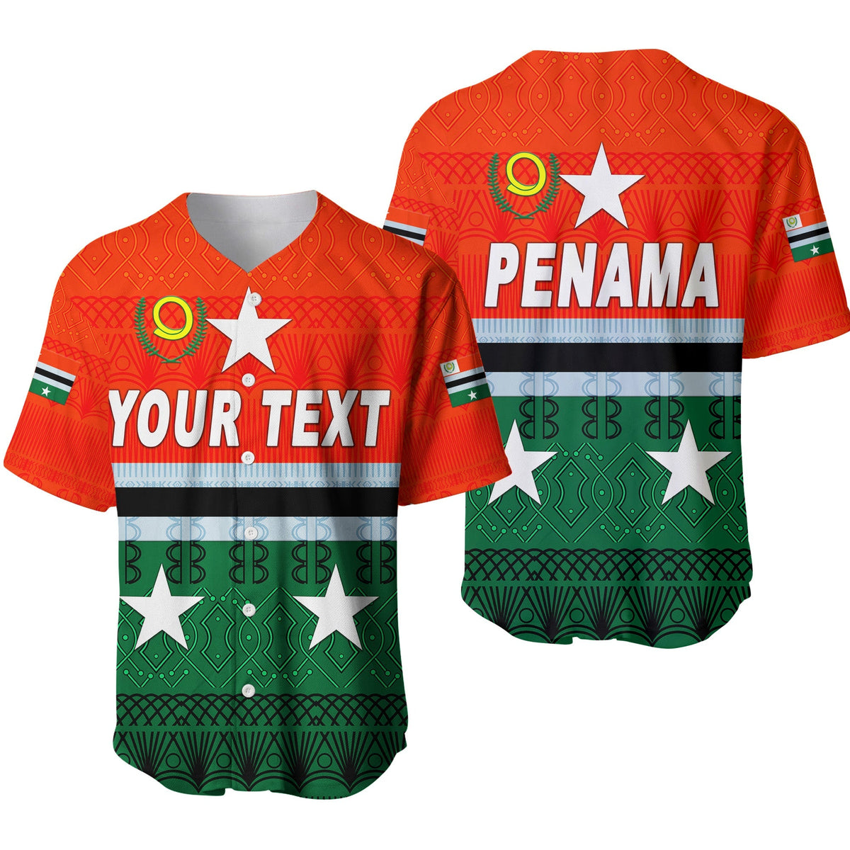 Penama Province Baseball-Jersey mit Vanuatu-Muster, grünem Abschnitt und „YOUR TEXT“