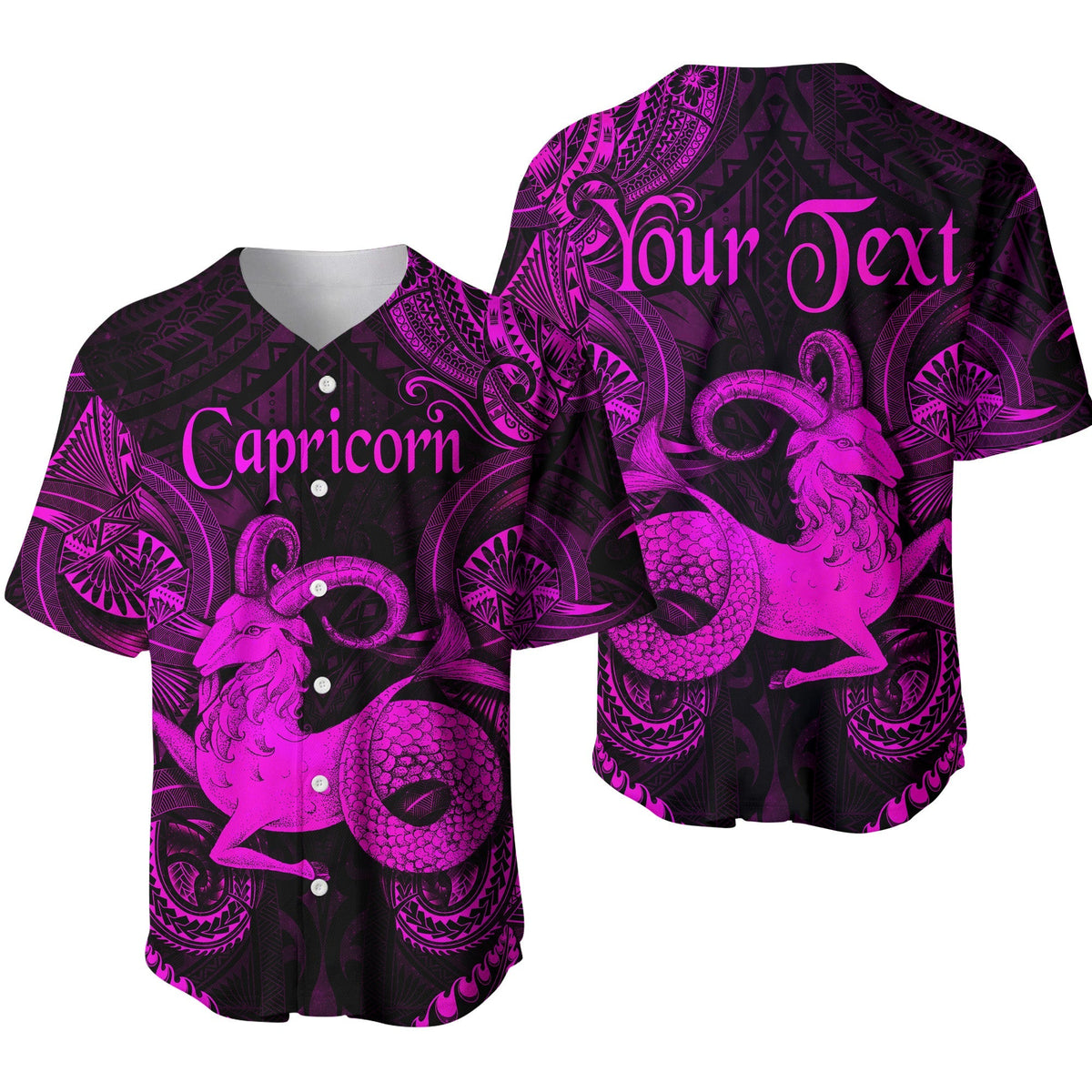 Pink and black baseball jersey with Capricorn emblem and Polynesian patterns