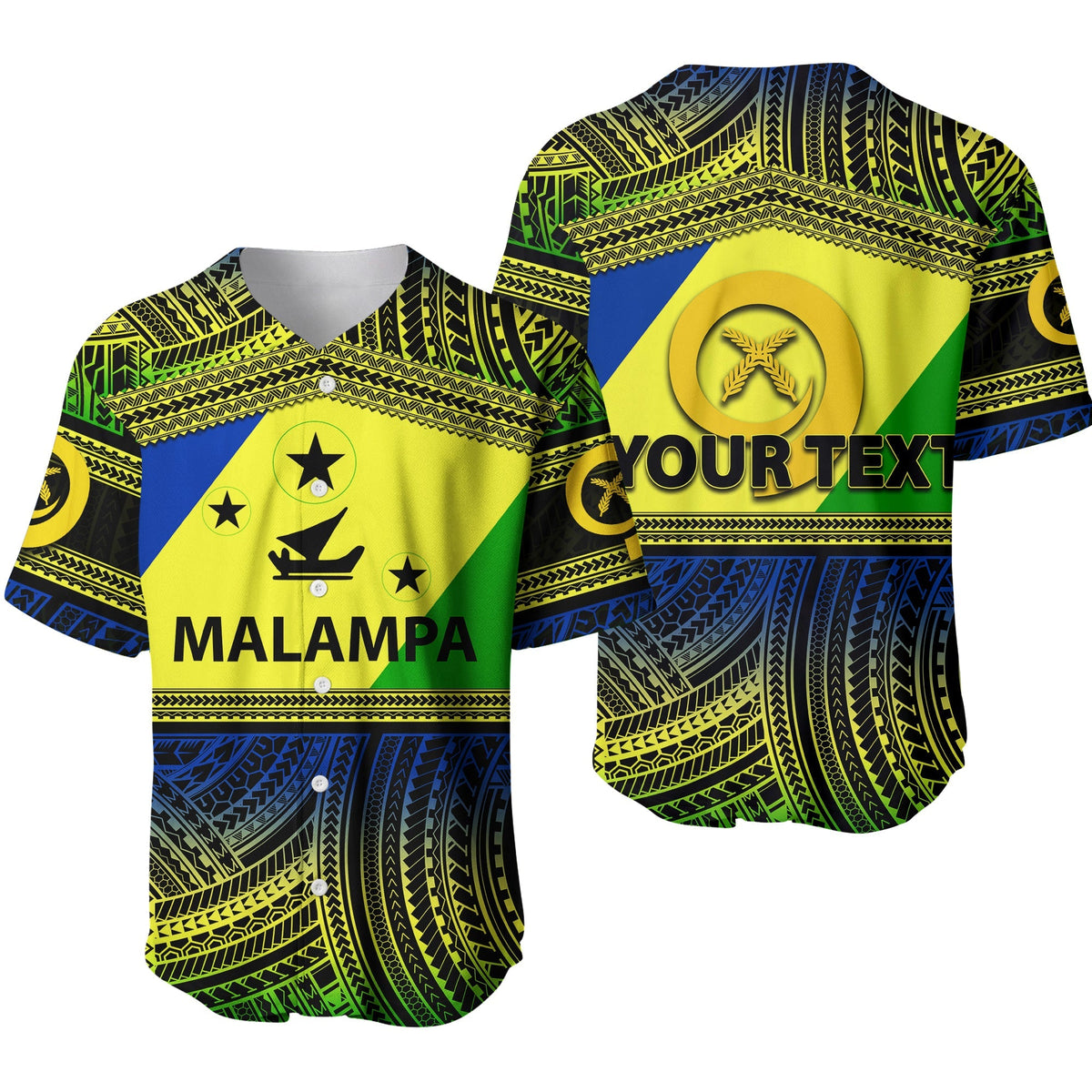 Yellow Malampa baseball jersey with Polynesian patterns and MALAMPA text