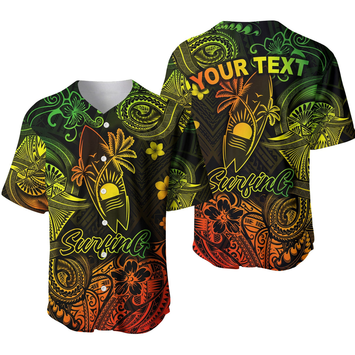 Reggae surf baseball jersey with Polynesian floral and 'Surfing' graphic, button front