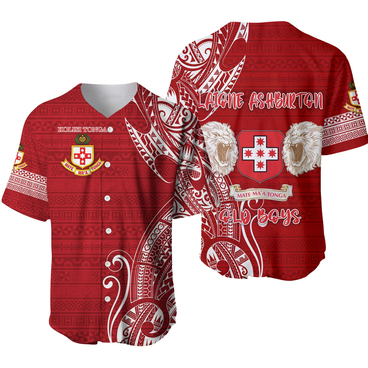 Red baseball jersey with white tribal patterns, Lion badge, and cross crest