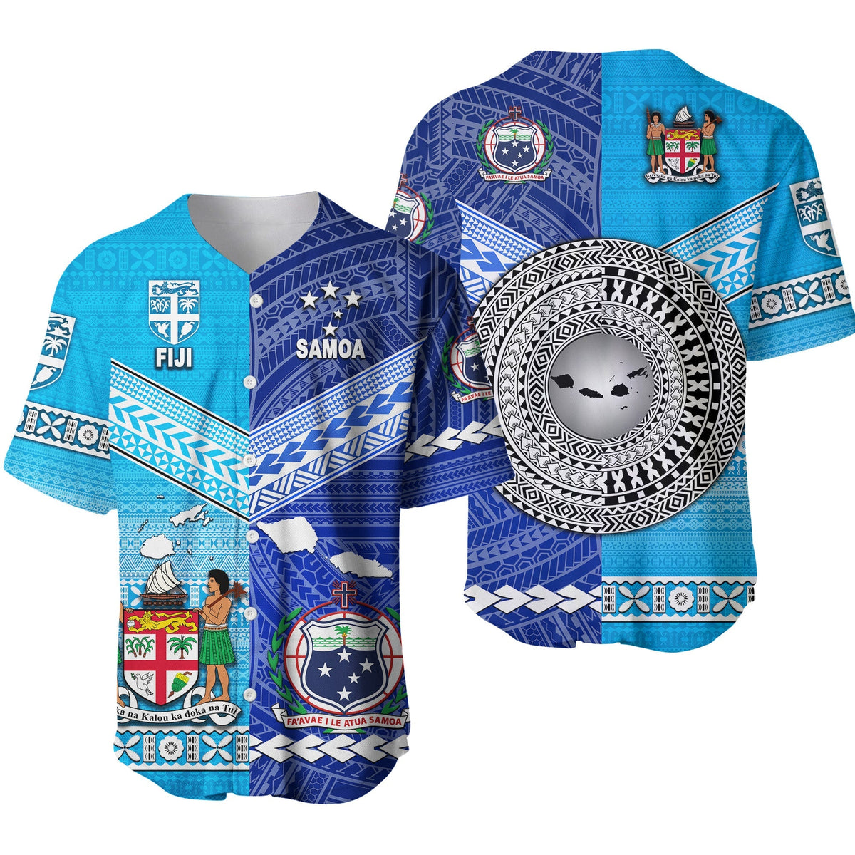 Blue baseball jersey with Samoa and Fiji crests, patterned sleeves and trim