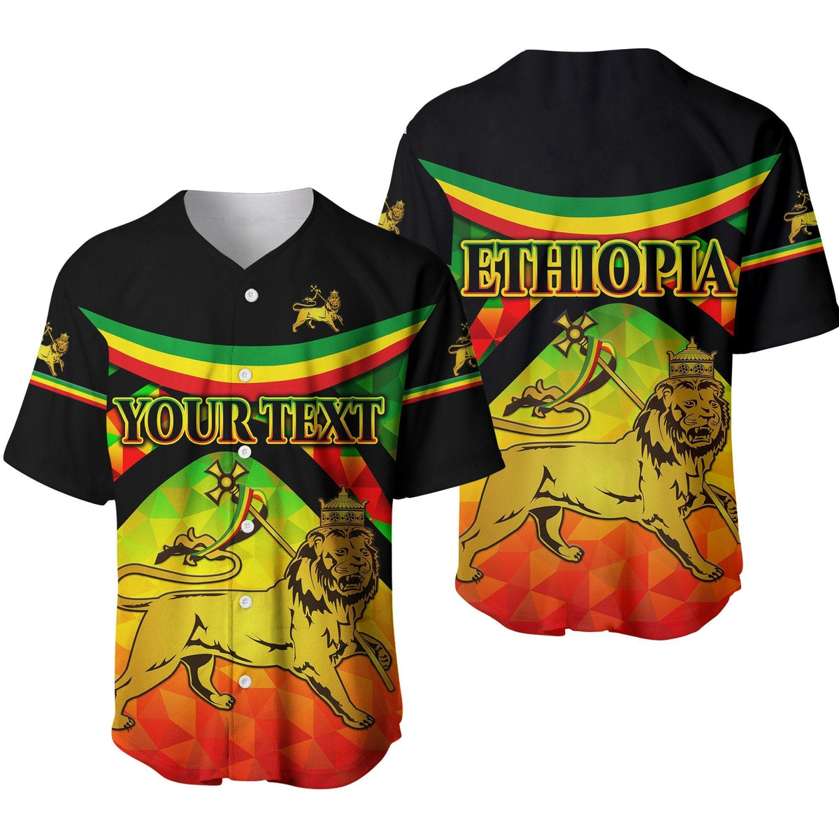 Black baseball jersey with Ethiopia flag trim and lion crest, custom text and name