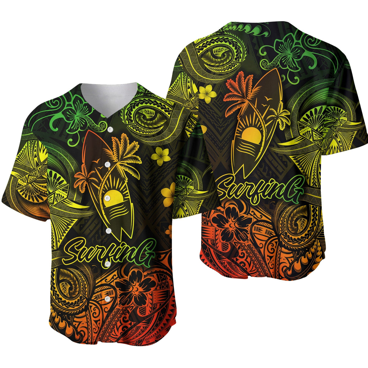 Dark baseball jersey with colorful tropical surf graphic and 'Surfing' script, button front