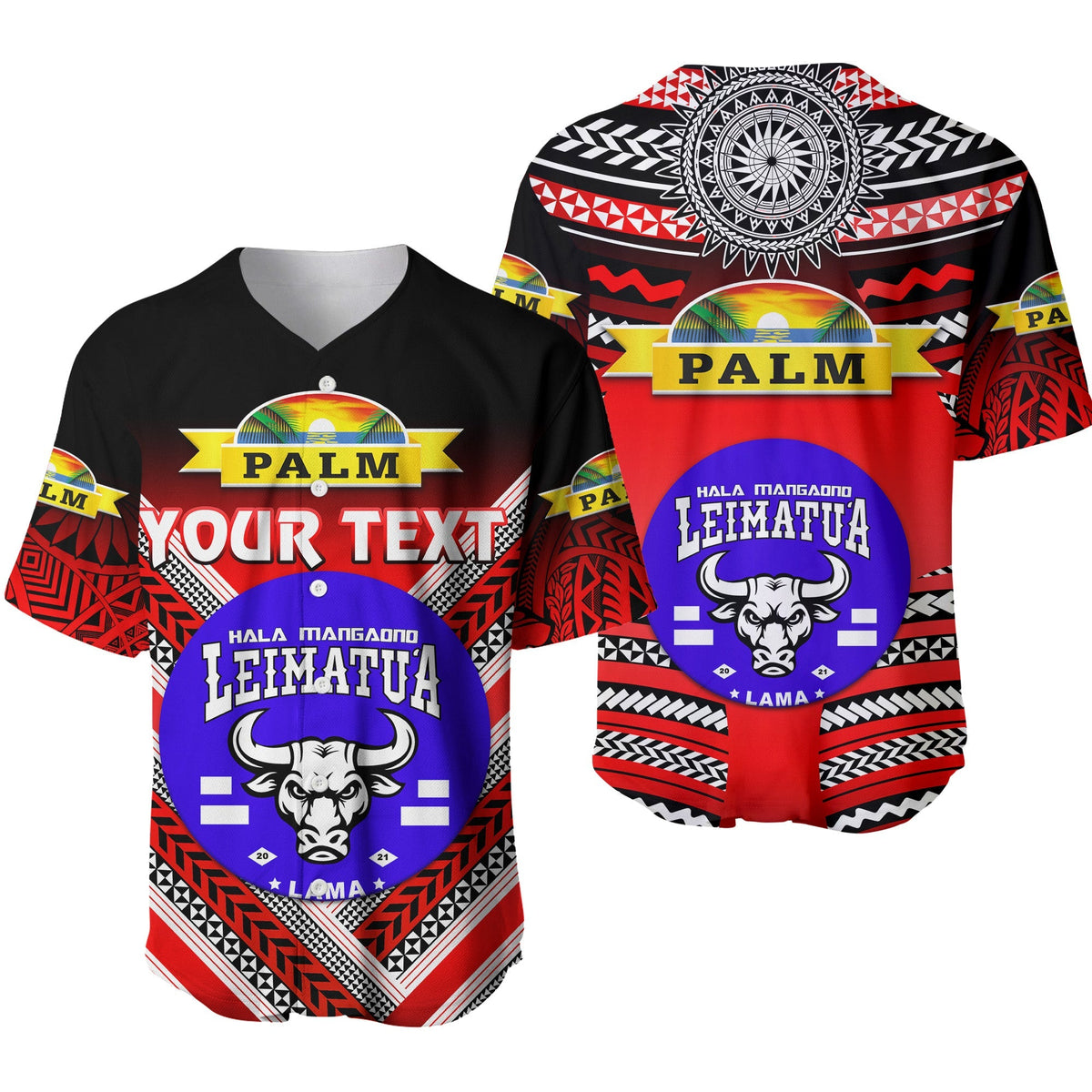 Red baseball jersey with Palm graphic, Leimatu'a crest, bull head, and custom text