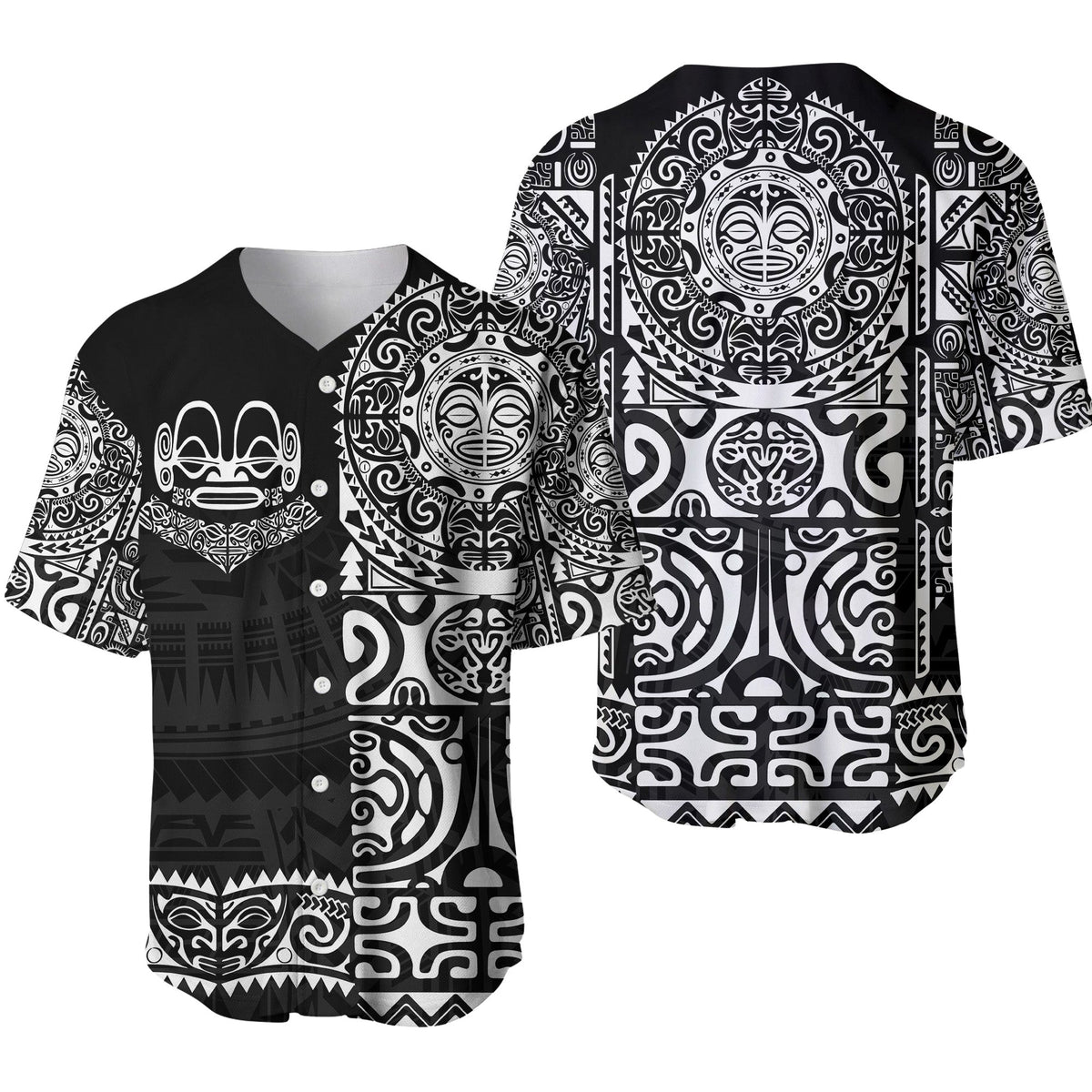 Black baseball jersey with white Marquesan tattoo graphic (front and back views)