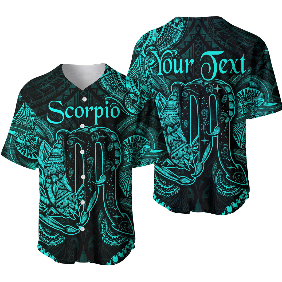 Türkis Scorpio Baseballjersey mit Kaktus-Polynesienmuster und Your Text Druck