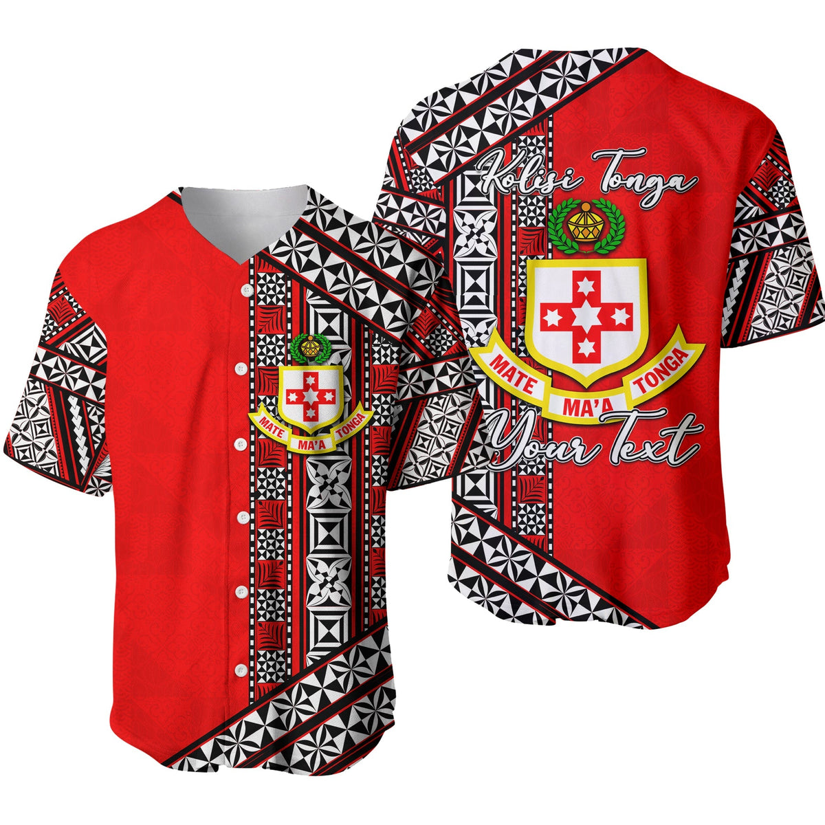 Red Kolisi Tonga baseball jersey with button placket and tribal black/white patterns