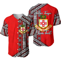 Red Kolisi Tonga baseball jersey with button placket and tribal black/white patterns
