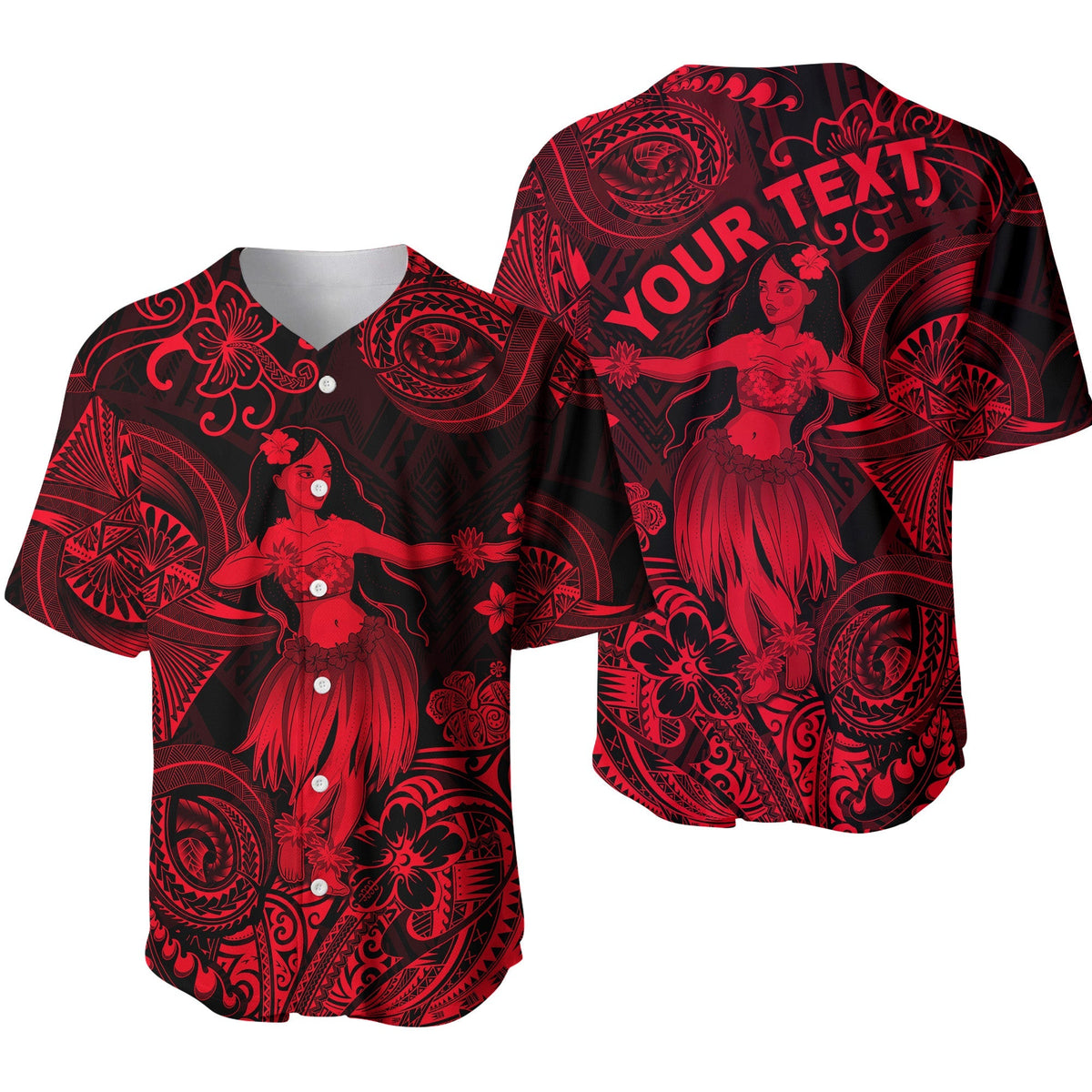 Red baseball jersey with hula girl print, Hawaiian style, custom personalized