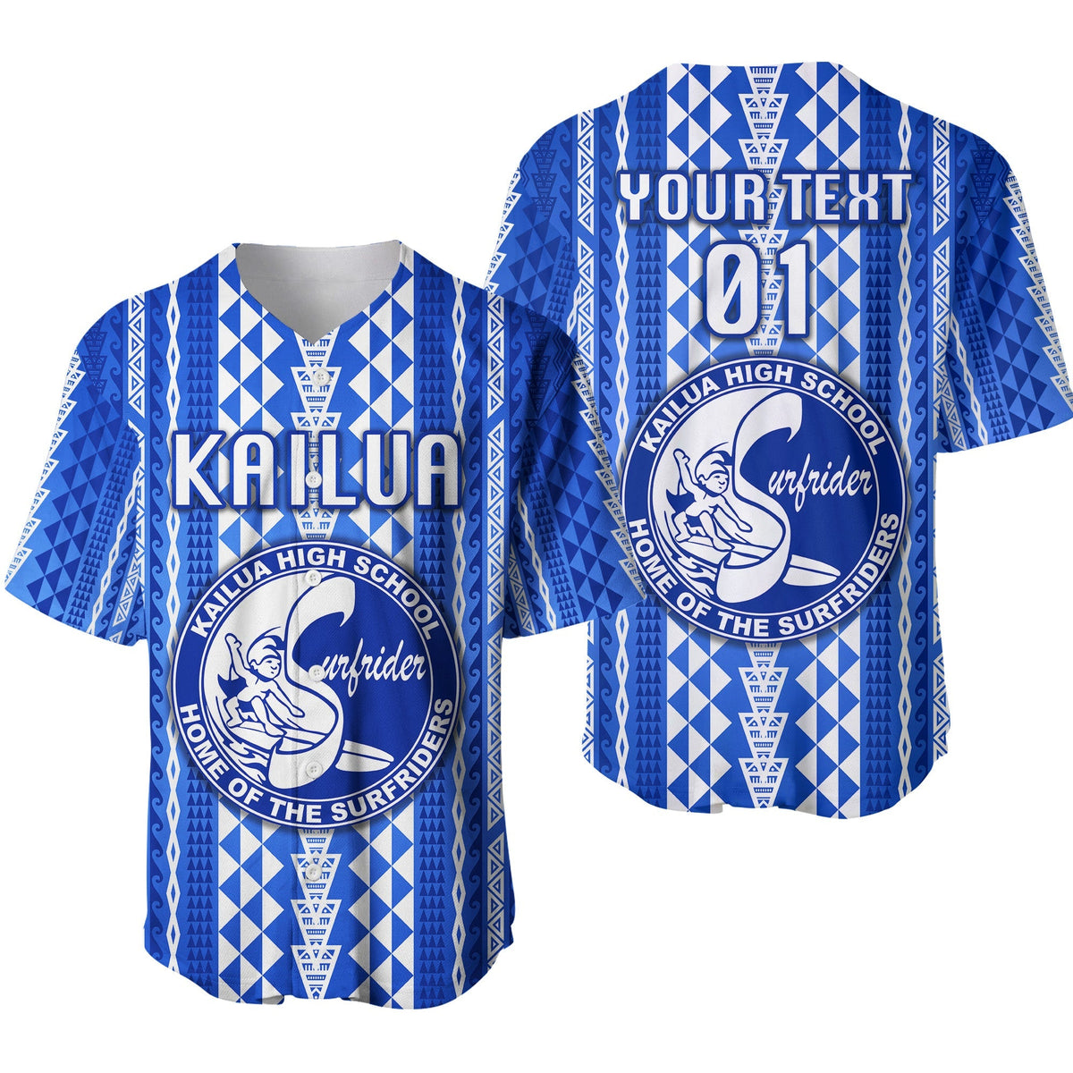 Blue Kailua High baseball jersey hoodie with Kailua text and Surfriders crest graphic
