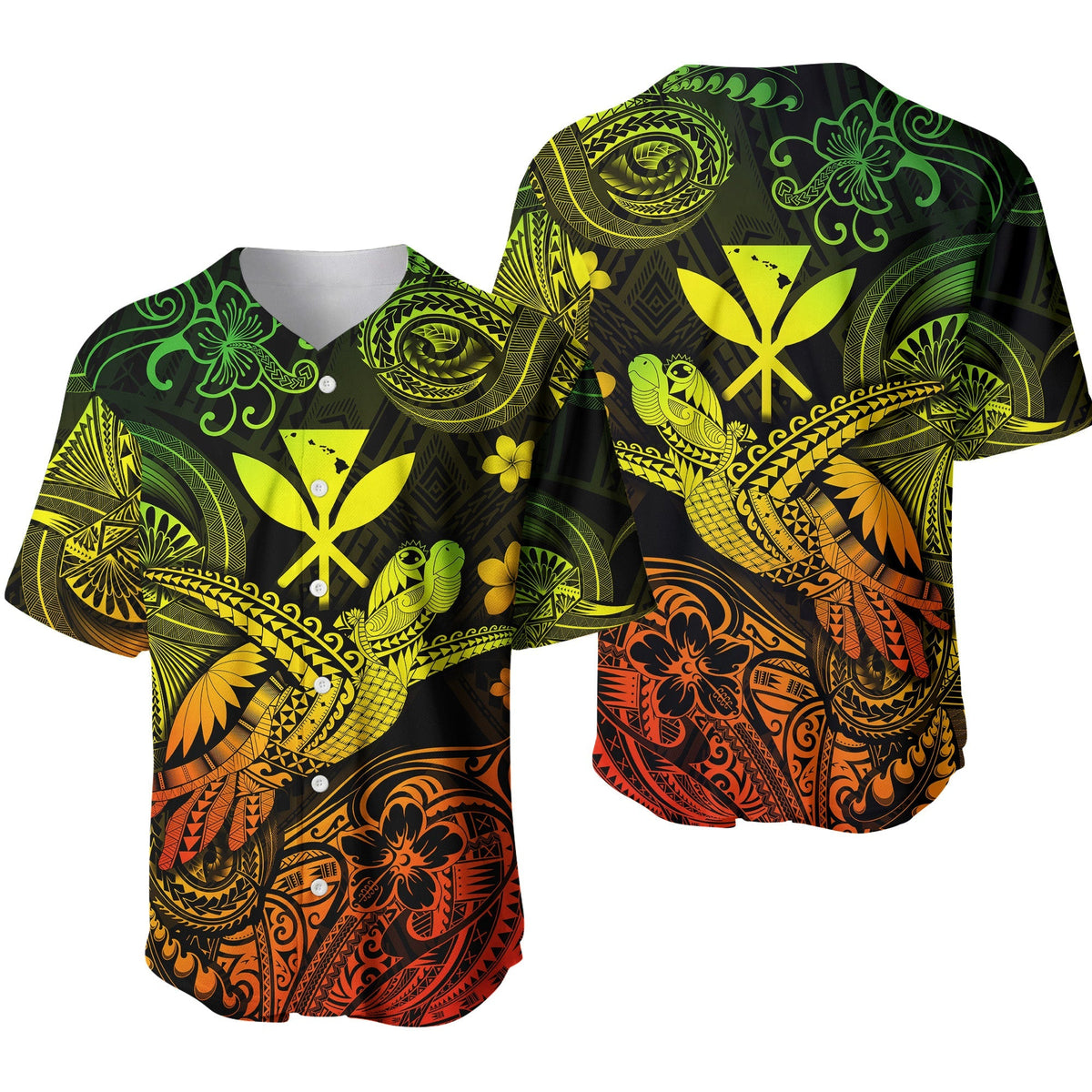 Multicolor Polynesian turtle baseball jersey with neon green, yellow and orange patterns