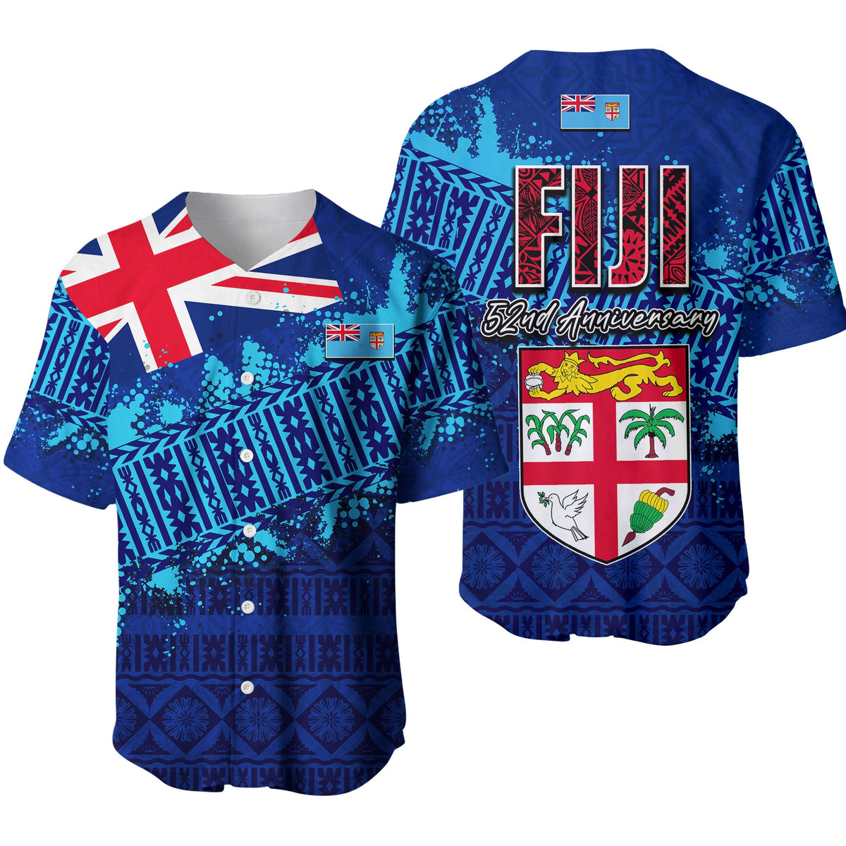 Blue Fiji 52nd Anniversary baseball jersey with crest, flag patch, and '52nd Anniversary' text.