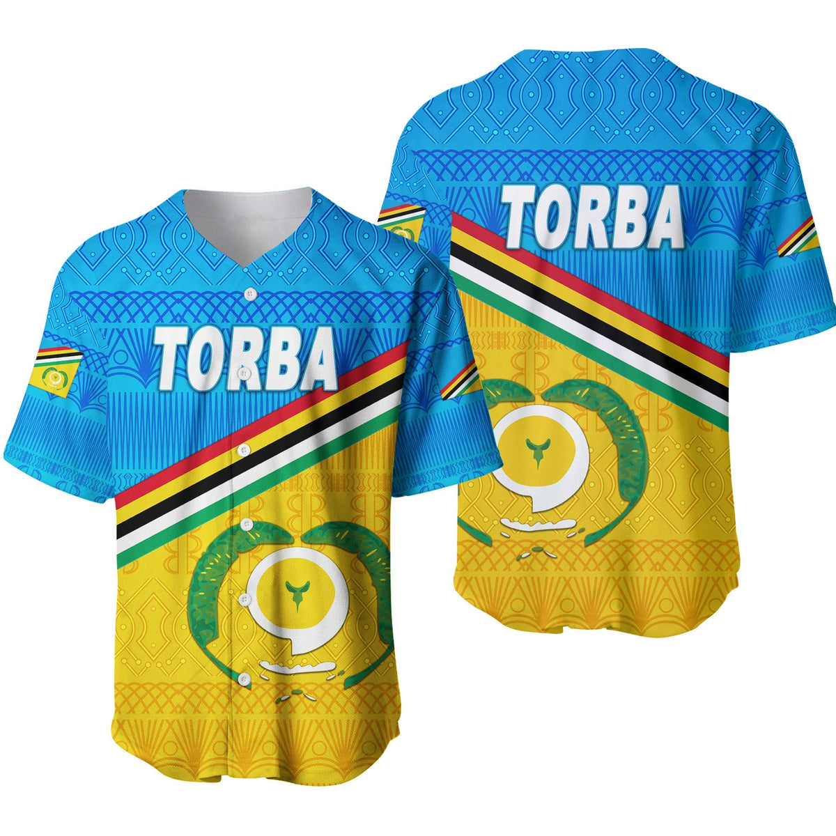 Blue baseball jersey with Torba logo, Vanuatu-style stripes and patterned front