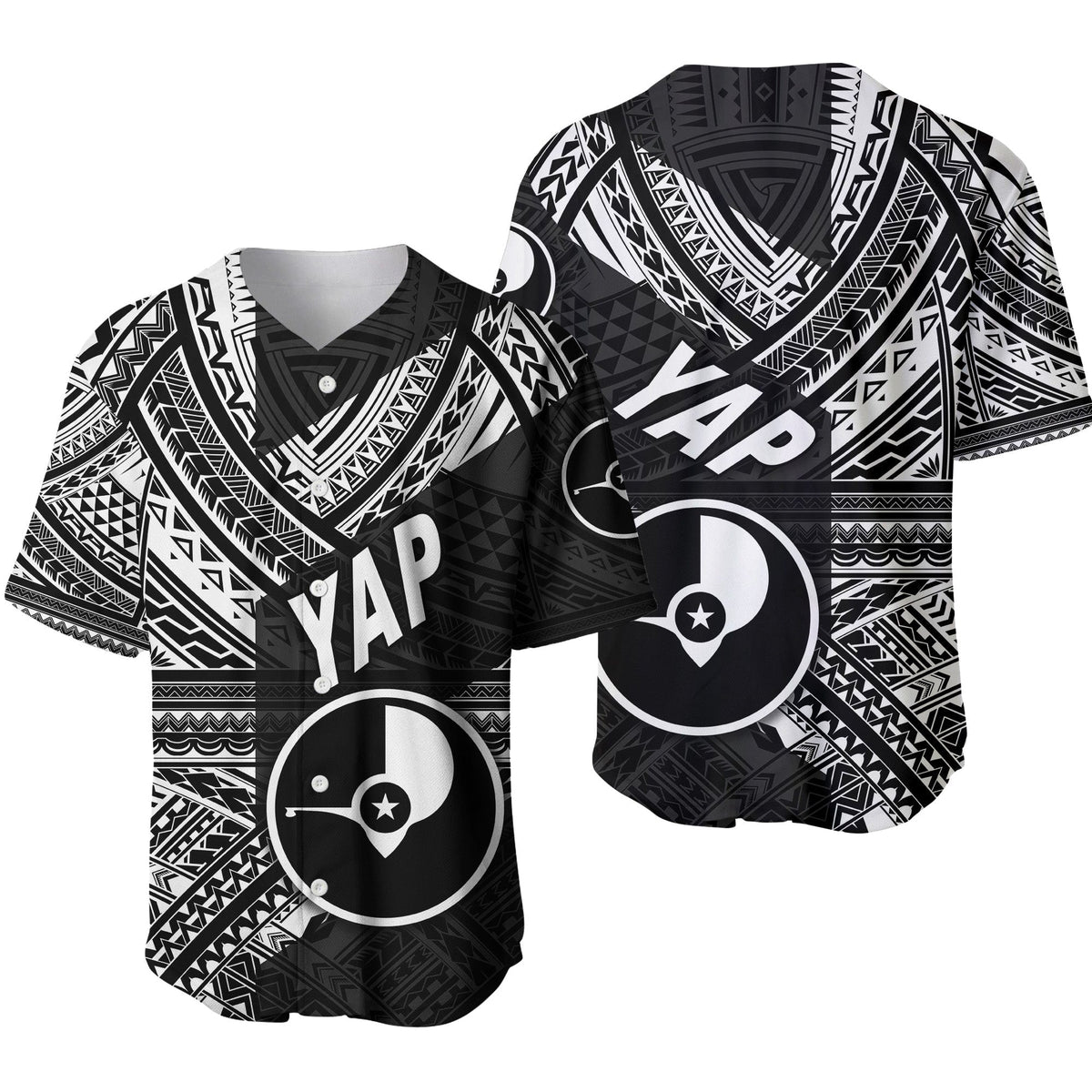 Black baseball jersey with YAP logo and tribal geometric pattern, V-neck short sleeves
