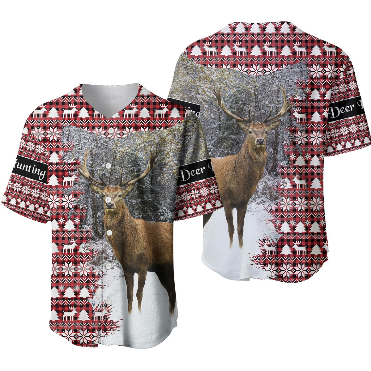 Rotes Baseball-Jersey mit Hirschmotiv und weihnachtlichem Muster, weißer Kragen