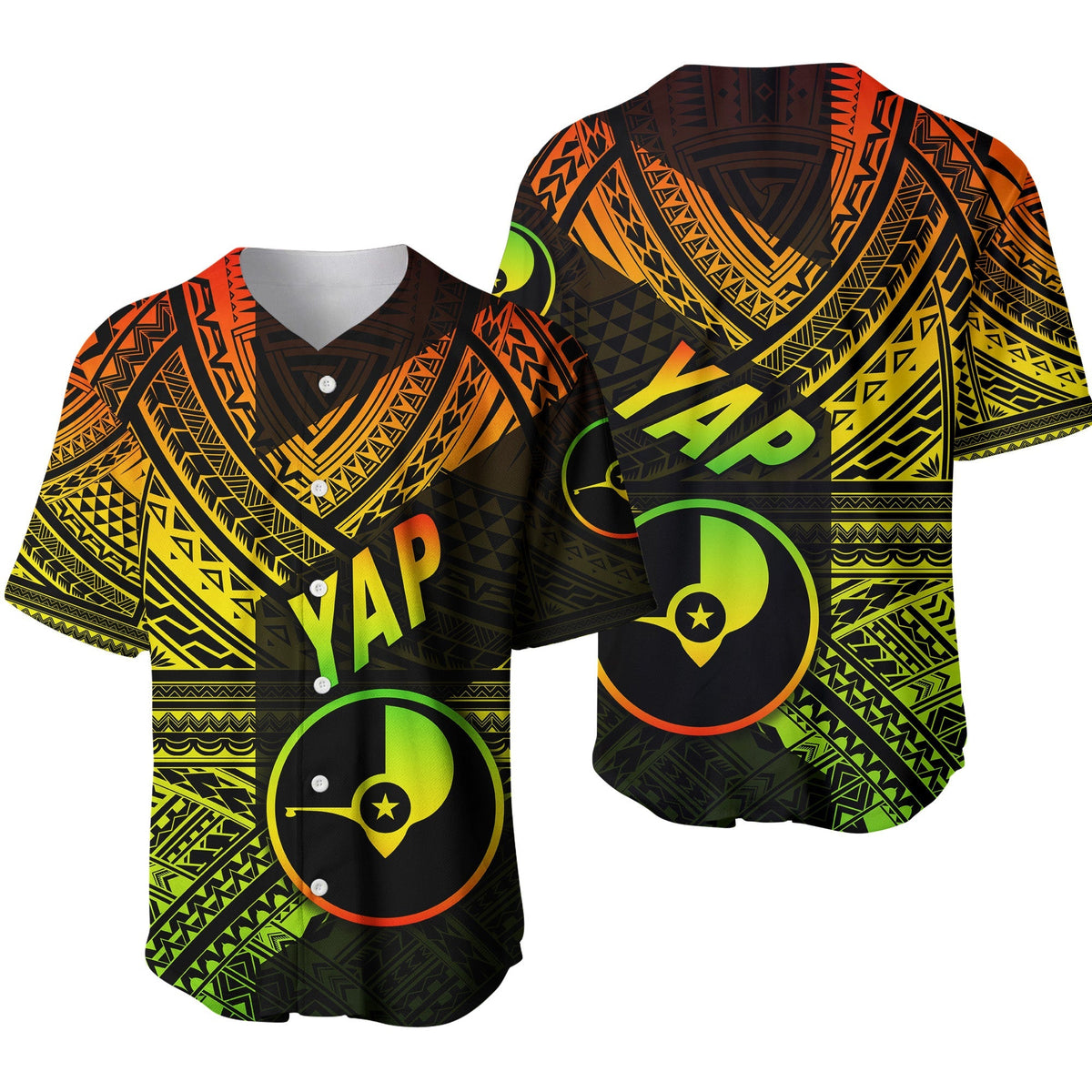 Reggae baseball jersey, V-neck buttons, geometric print with YAP and star logo