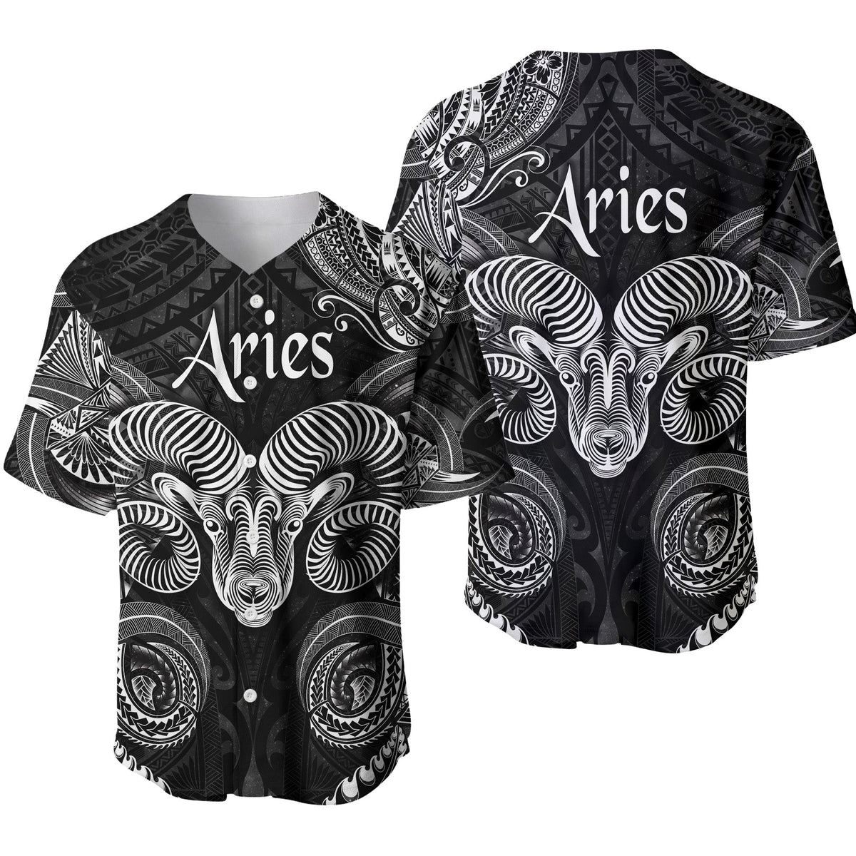 Black Aries zodiac polynesian baseball jersey with ram face and ornate patterns