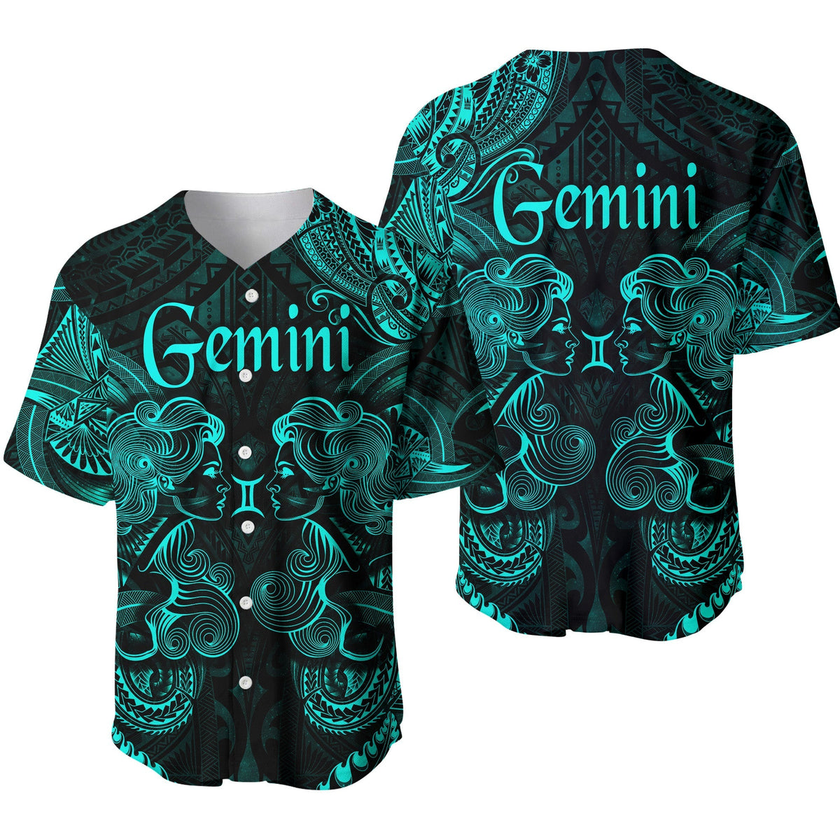Turquoise baseball jersey with Gemini zodiac faces and Polynesian pattern, button front