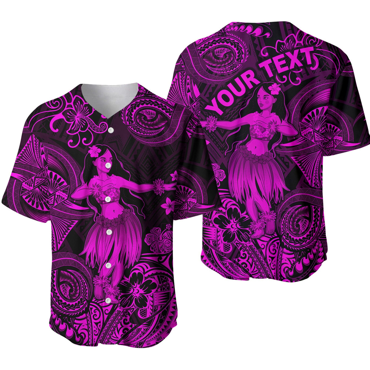 Pink baseball jersey with purple hula girl tiki pattern and button front
