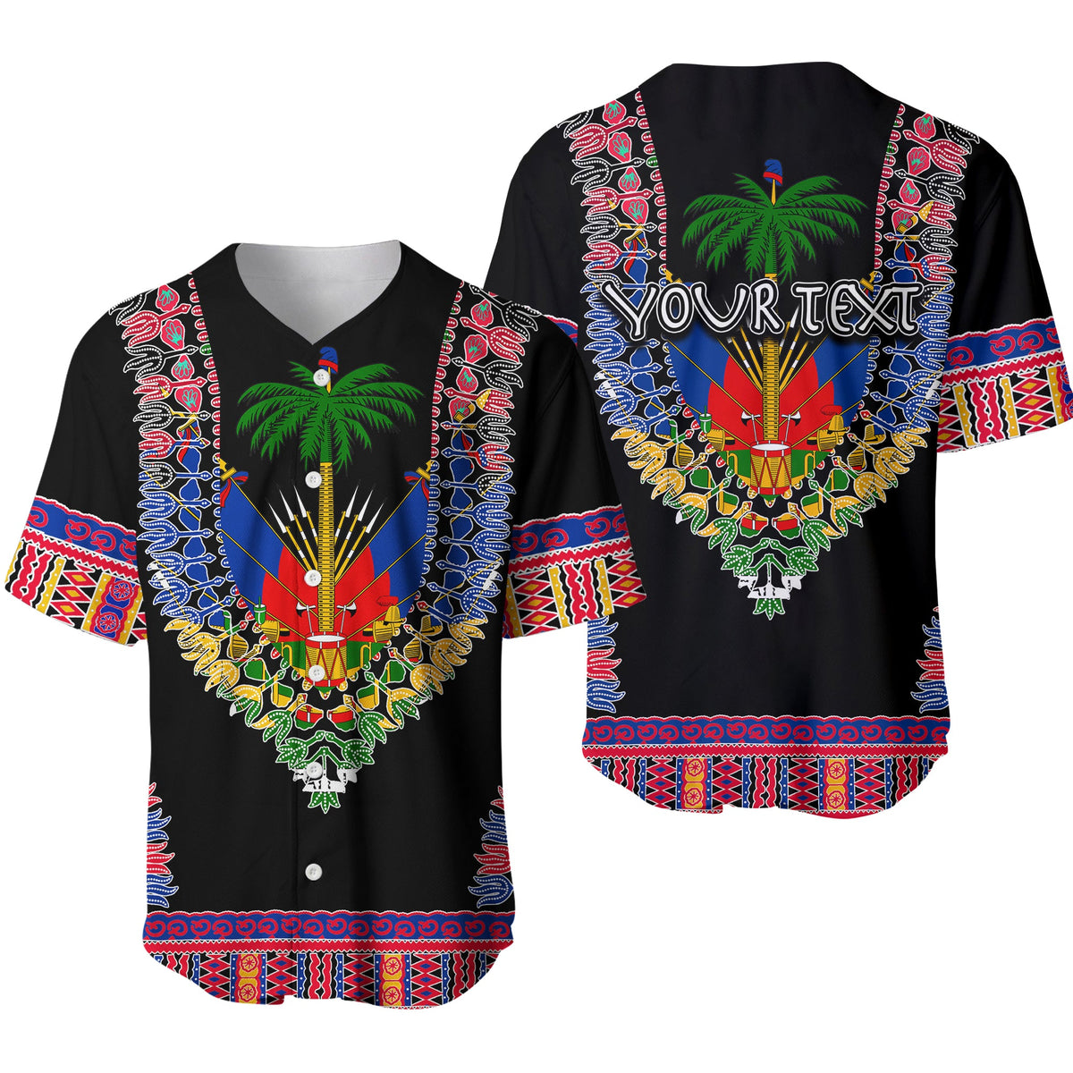 Black baseball jersey with colorful dashiki coat-of-arms print, V-neck and buttons