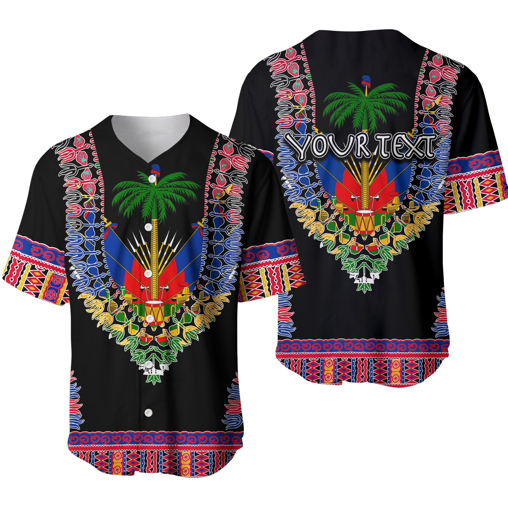 (Custom Personalised) Haiti Baseball Jersey Dashiki Mix Coat Of Arms Black Style LT6 - Wonder Print Shop