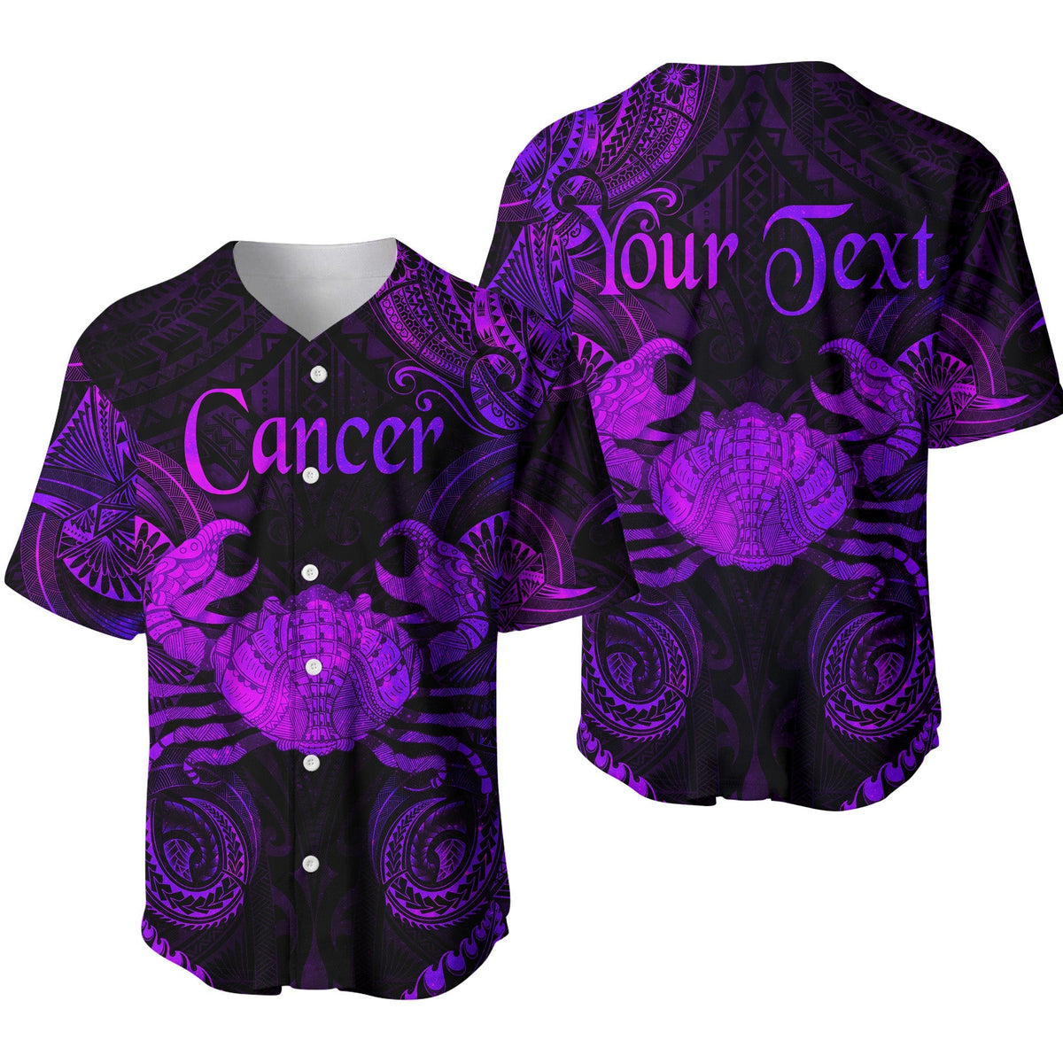 Purple Cancer zodiac Polynesian baseball jersey with patterned shell graphics and button front
