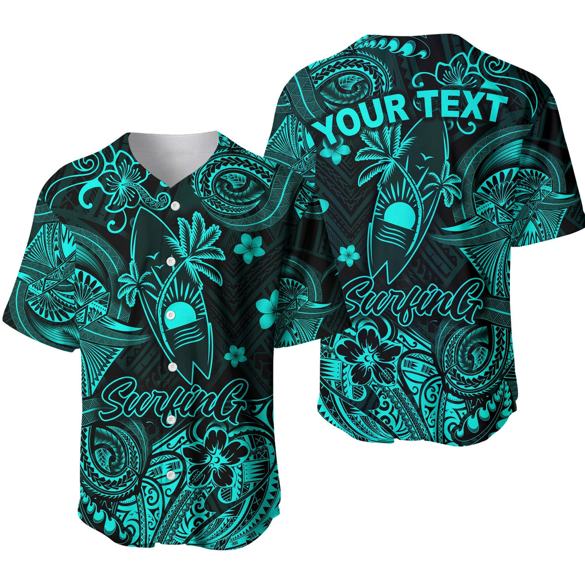 Turquoise surf baseball jersey with dark tribal print and 'YOUR TEXT' on back
