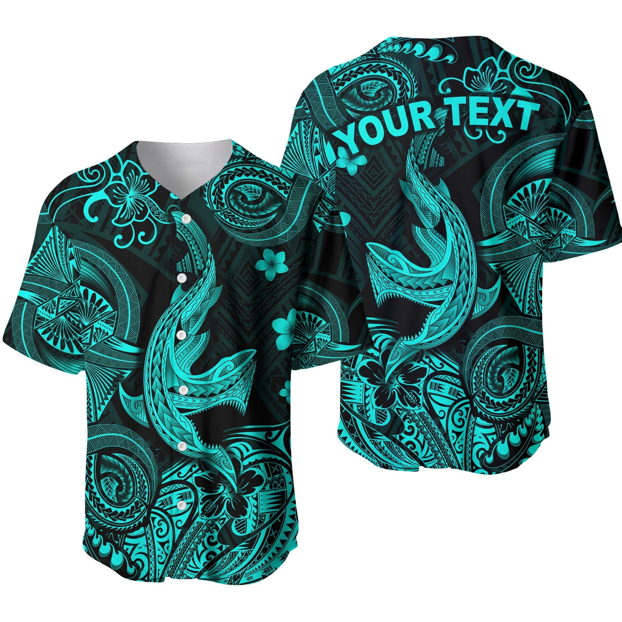 (Custom Personalised) Hawaii Angry Shark Polynesian Baseball Jersey Unique Style - Turquoise LT8 - Wonder Print Shop