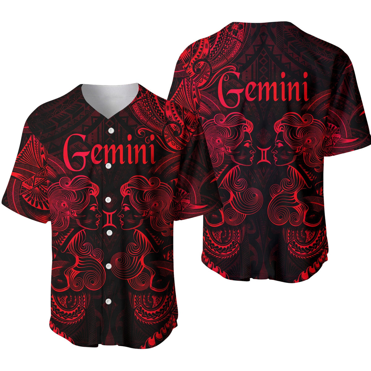Red baseball jersey with Gemini zodiac graphic, black tribal patterns and button front