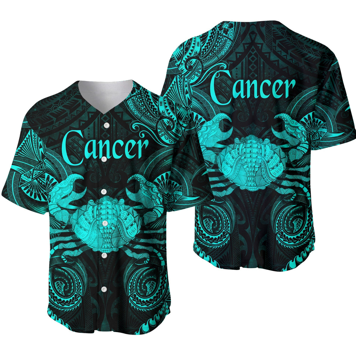 Turquoise Cancer Polynesian baseball jersey, black with ornate sea-blue print on front/back