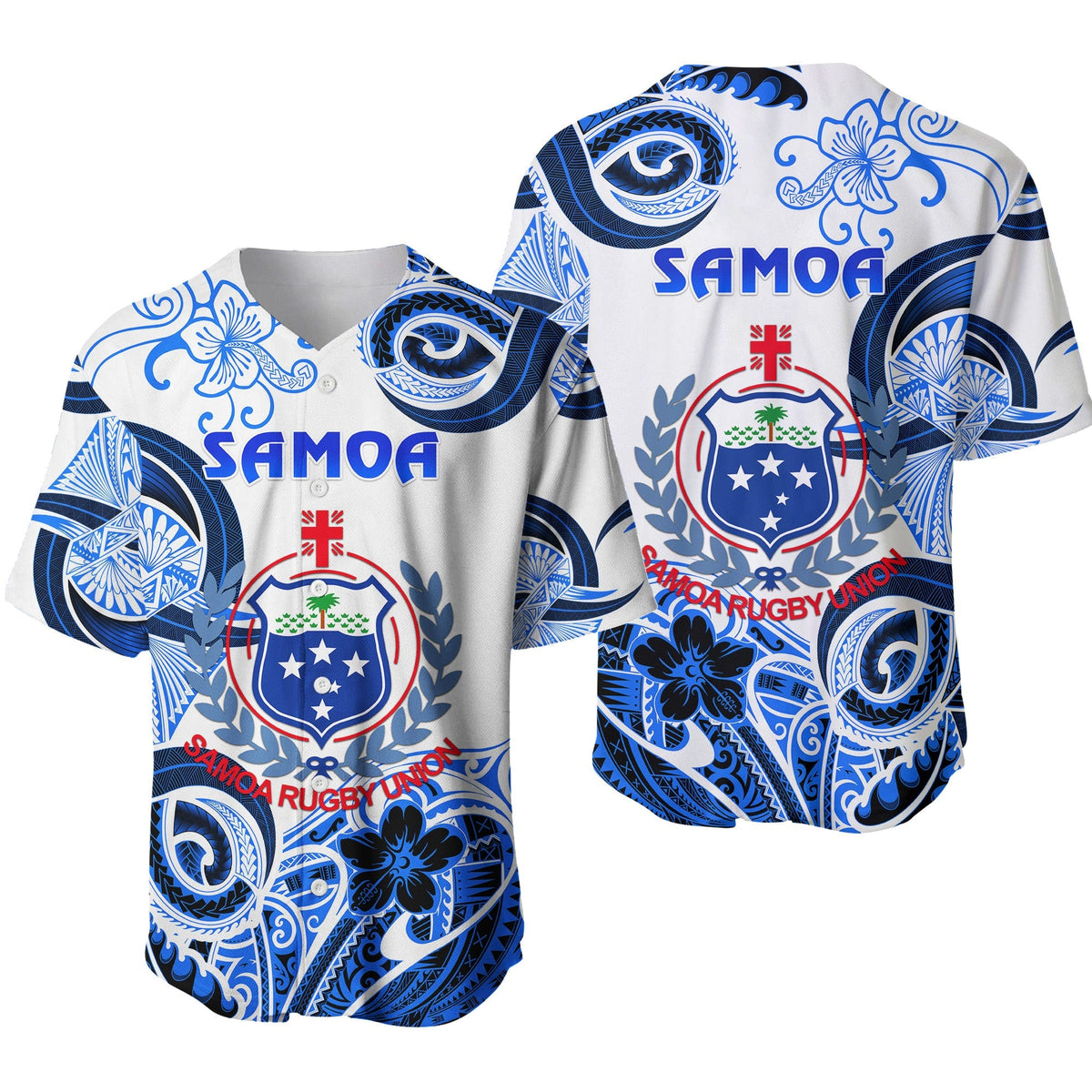 Samoa baseball jersey, white with blue floral tribal print and Rugby Union crest.