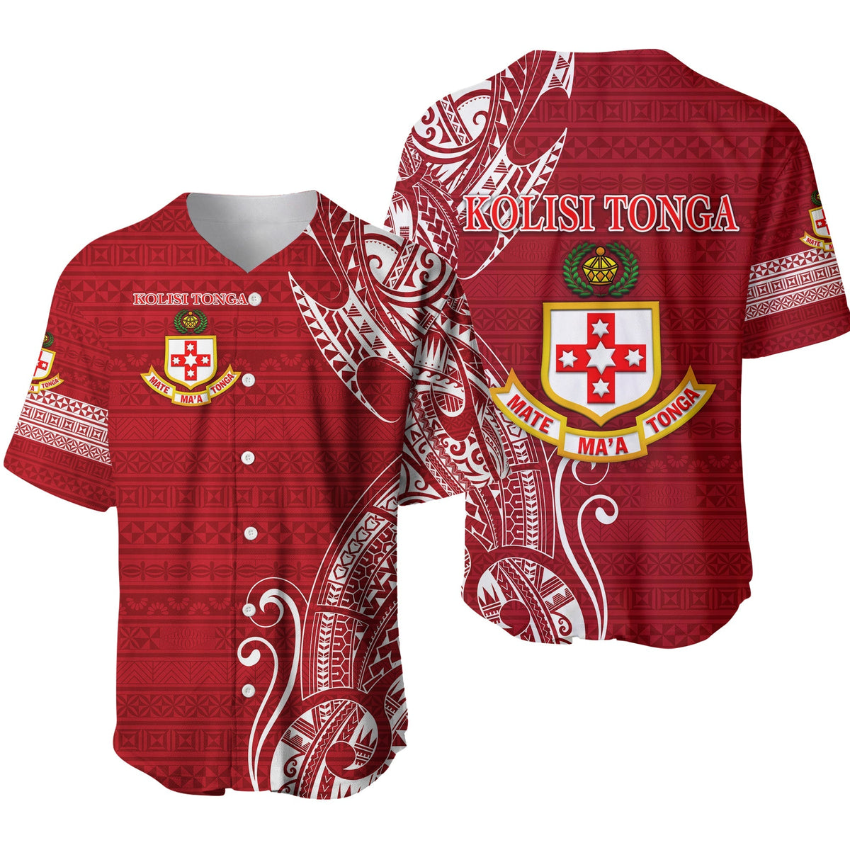 Red Kolisi Tonga baseball jersey with front and back graphic crest