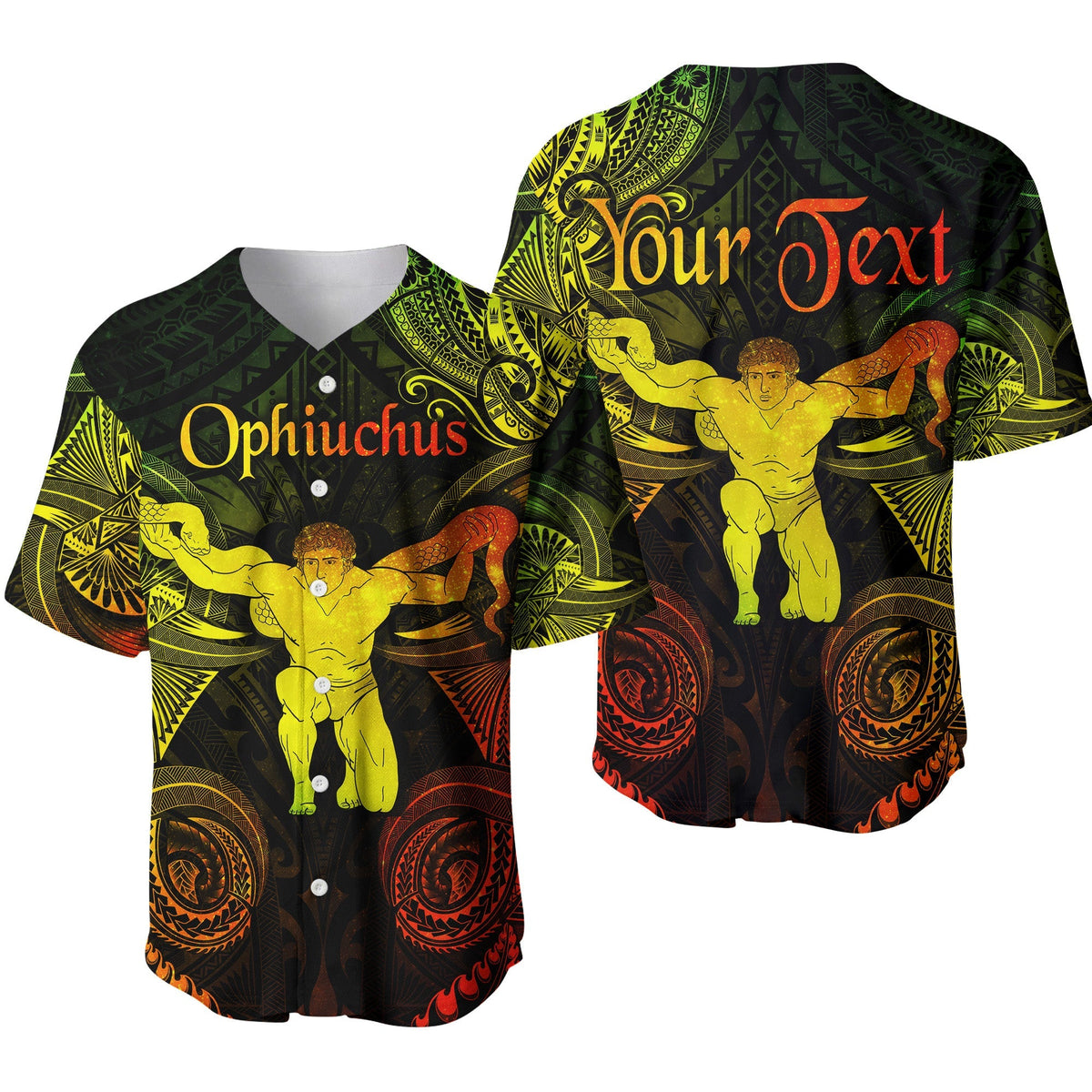 Reggae Ophiuchus Baseball Jersey mit Polynesischem Muster, gelbem Zentaur-Design
