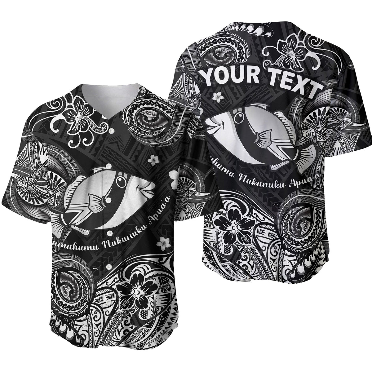 Black Polynesian baseball jersey with humuhumu fish print and “YOUR TEXT” on chest