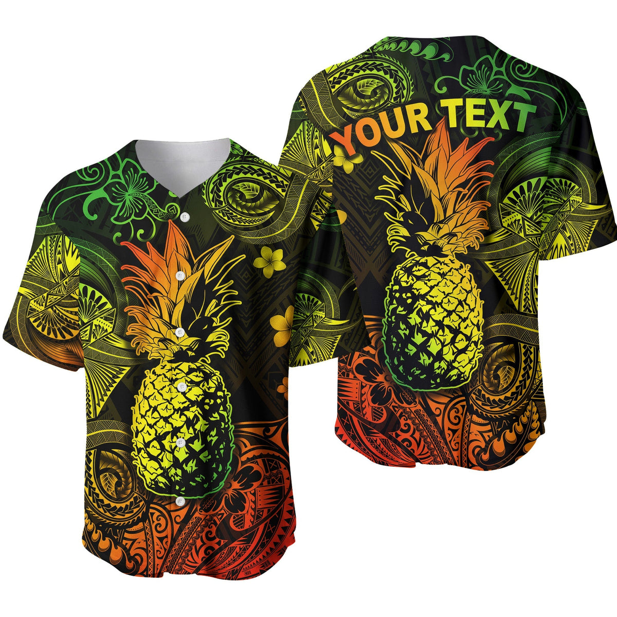 Baseball-Jersey mit Ananas-Polynesien-Print, dunkle Grundfarbe, Reggae