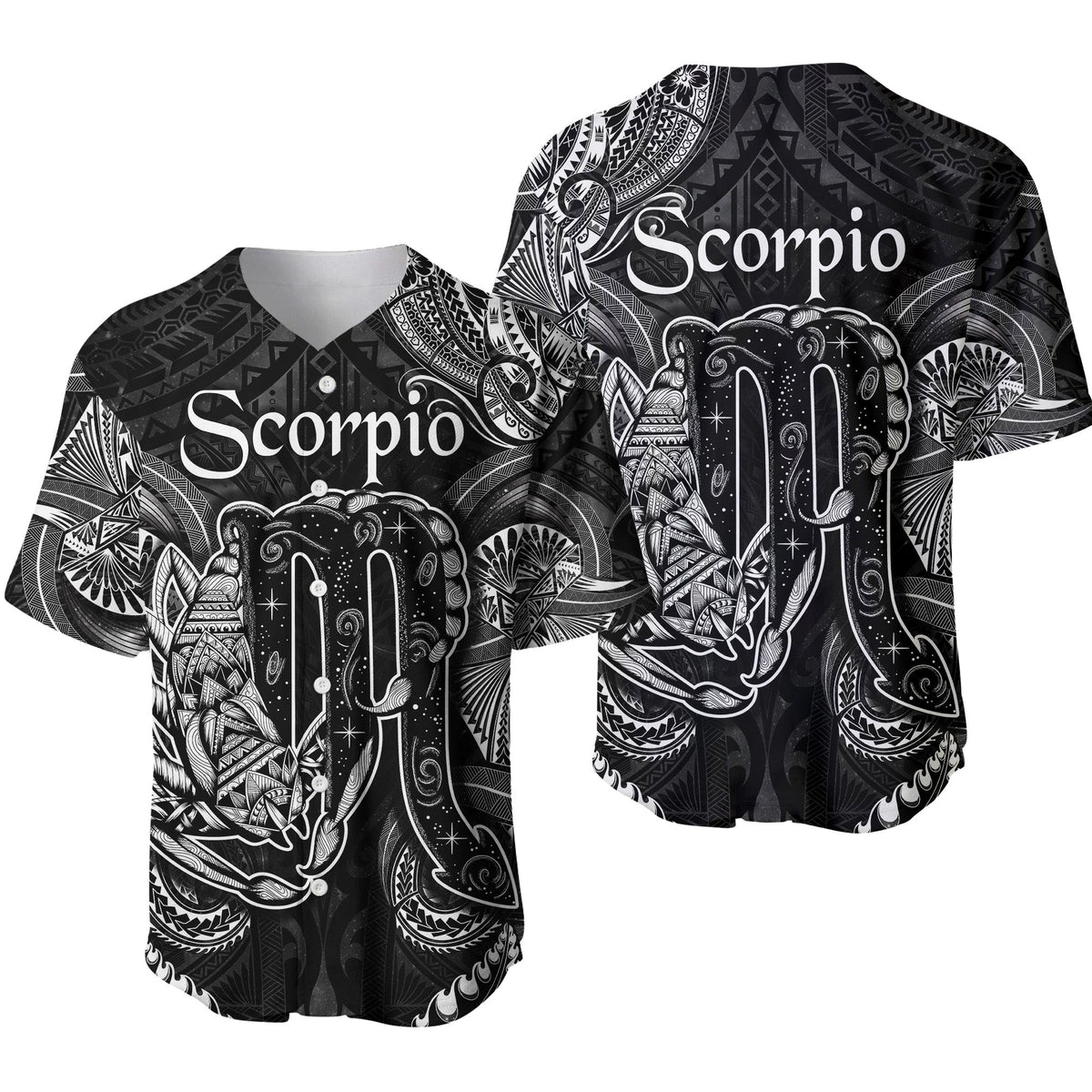 Black Scorpio zodiac Polynesian-style baseball jersey with white patterned cactus and fan details