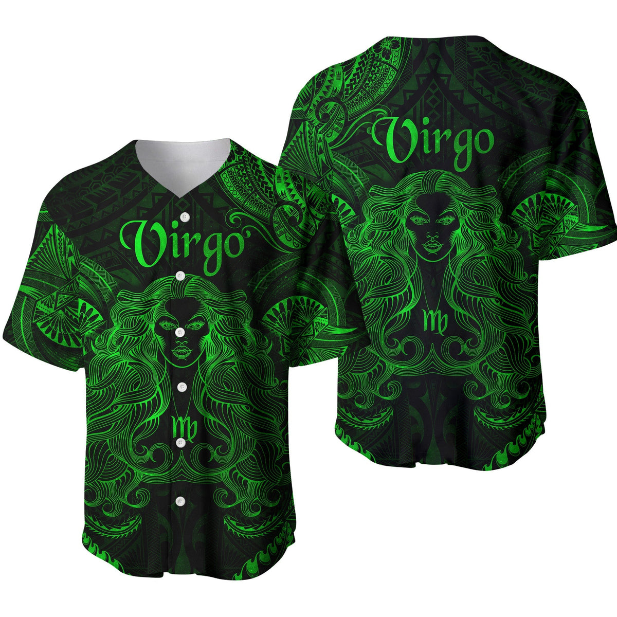 Green Virgo baseball jersey with neon green face and ornate Polynesian patterns