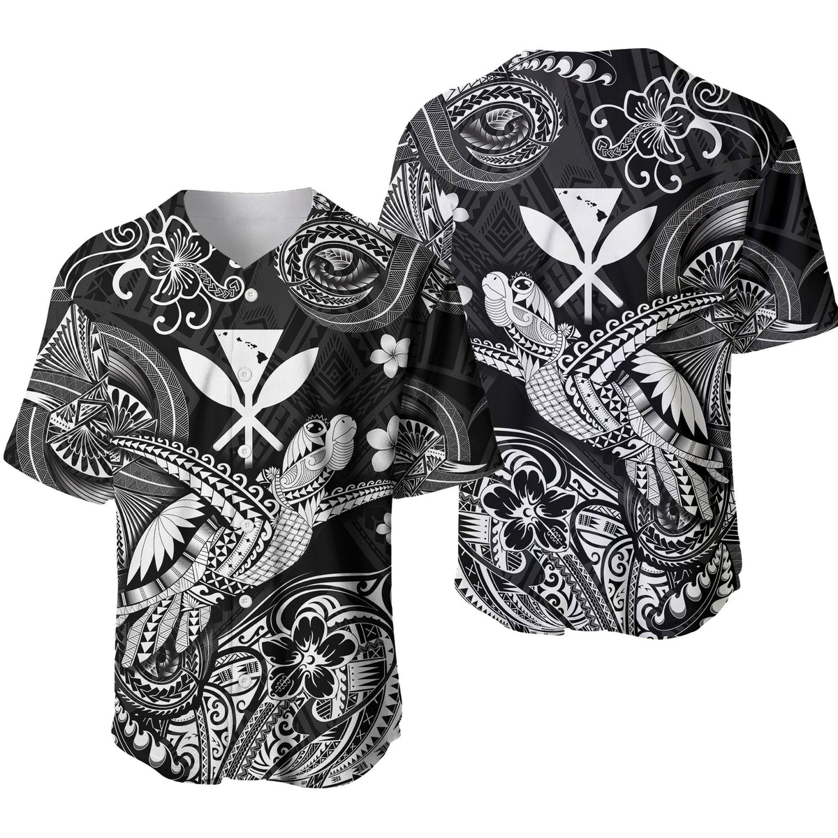 Black baseball jersey with Polynesian-style turtle and map graphic, button-front