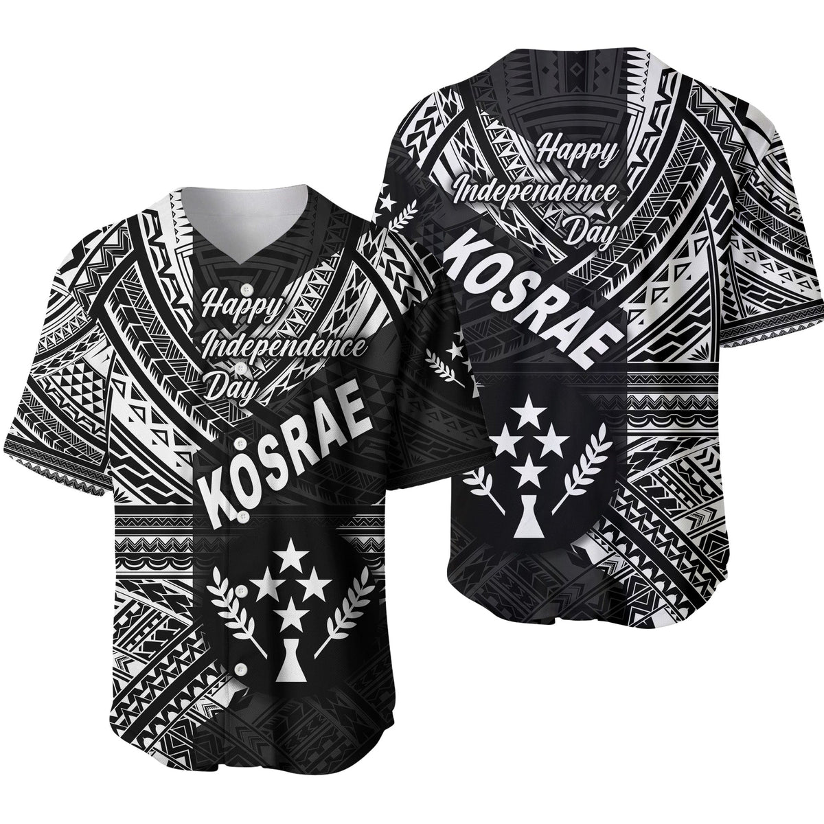 Black baseball jersey with Happy Independence Day and Kosrae graphic, short sleeves