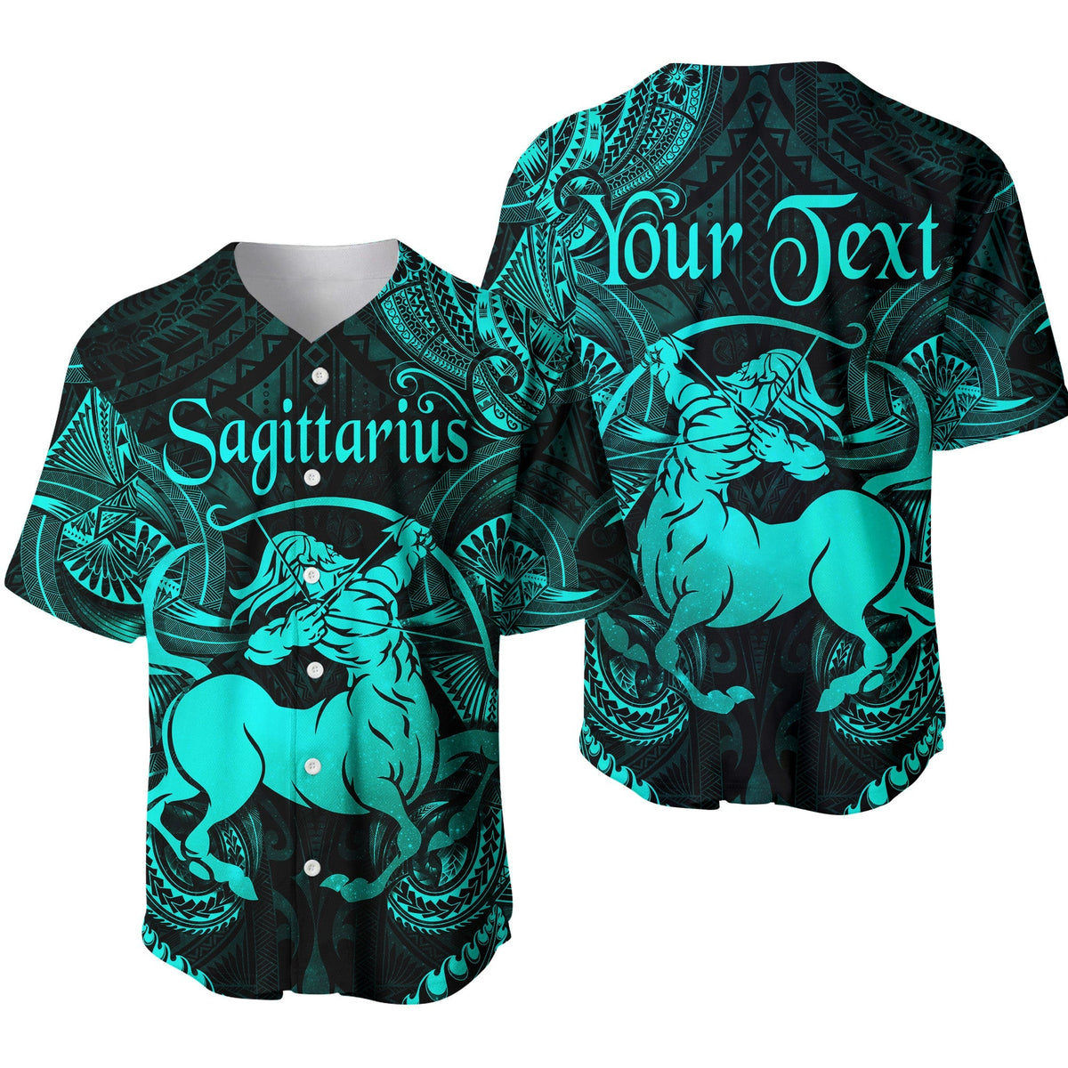 Turquoise Sagittarius baseball jersey with teal centaur graphic and black button placket