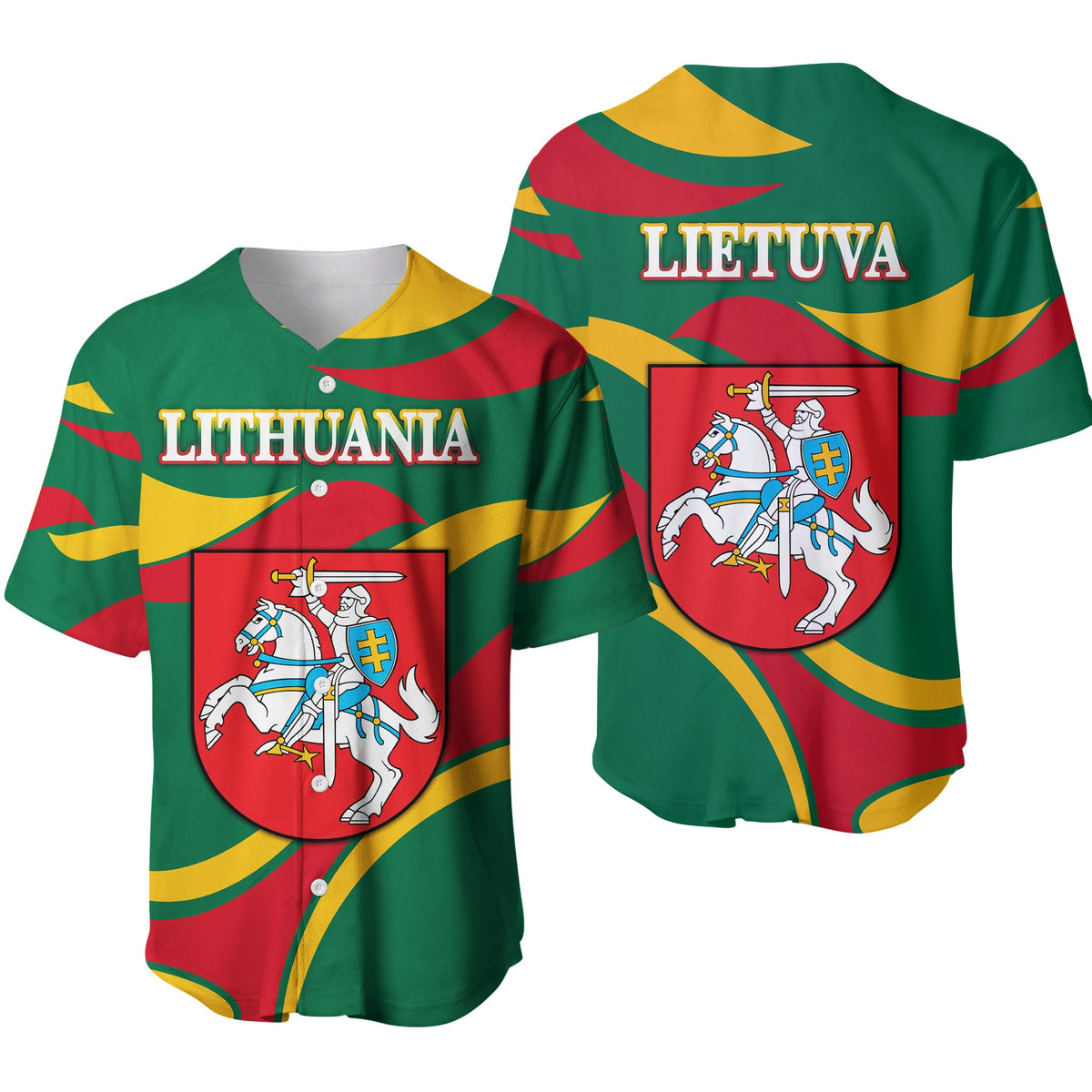 Lithuania baseball jersey with Coat of Arms, green multicolor stripes, LIETUVA text